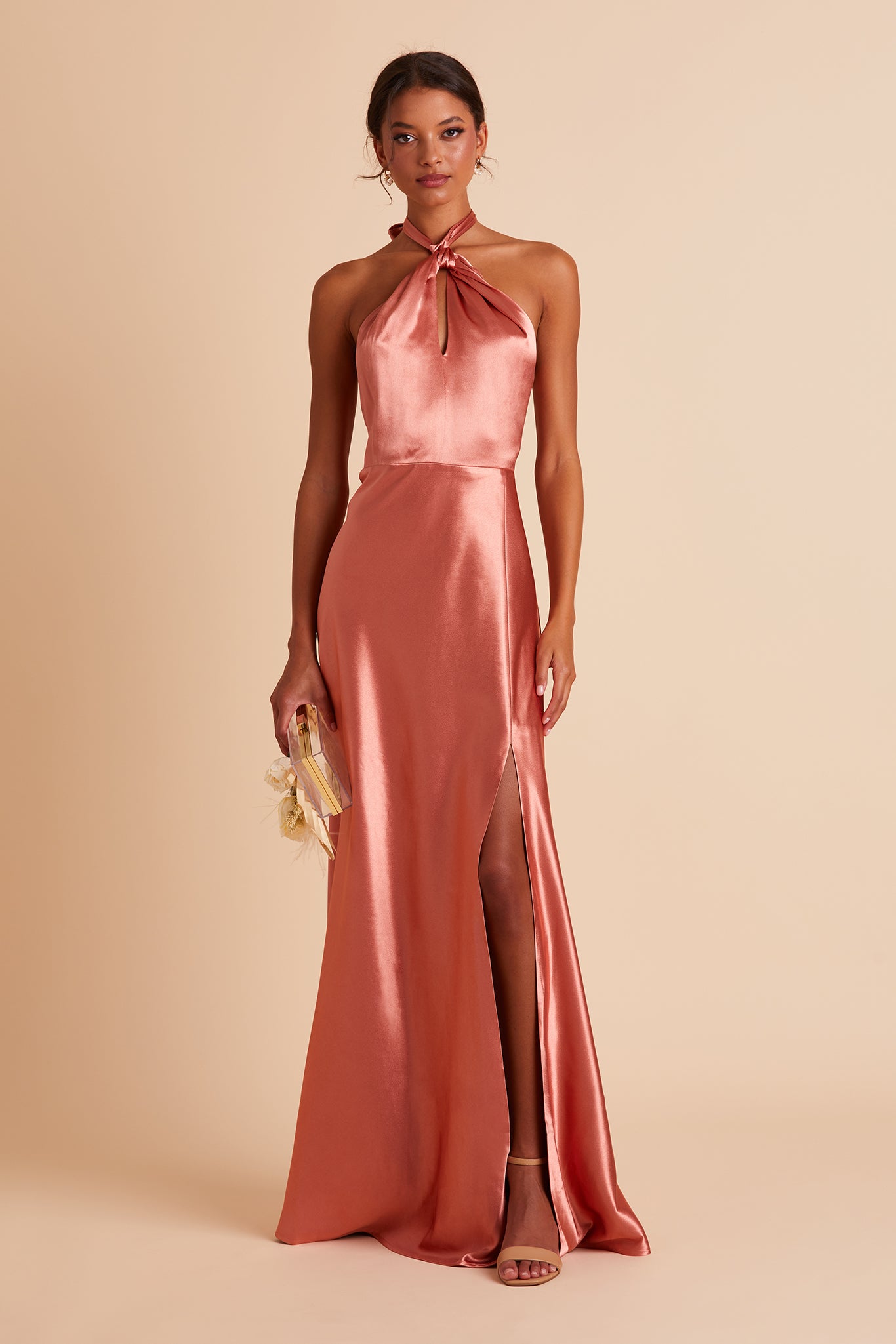 Shiny Satin Halter Dress with A-Line Skirt & Leg Slit | Monica