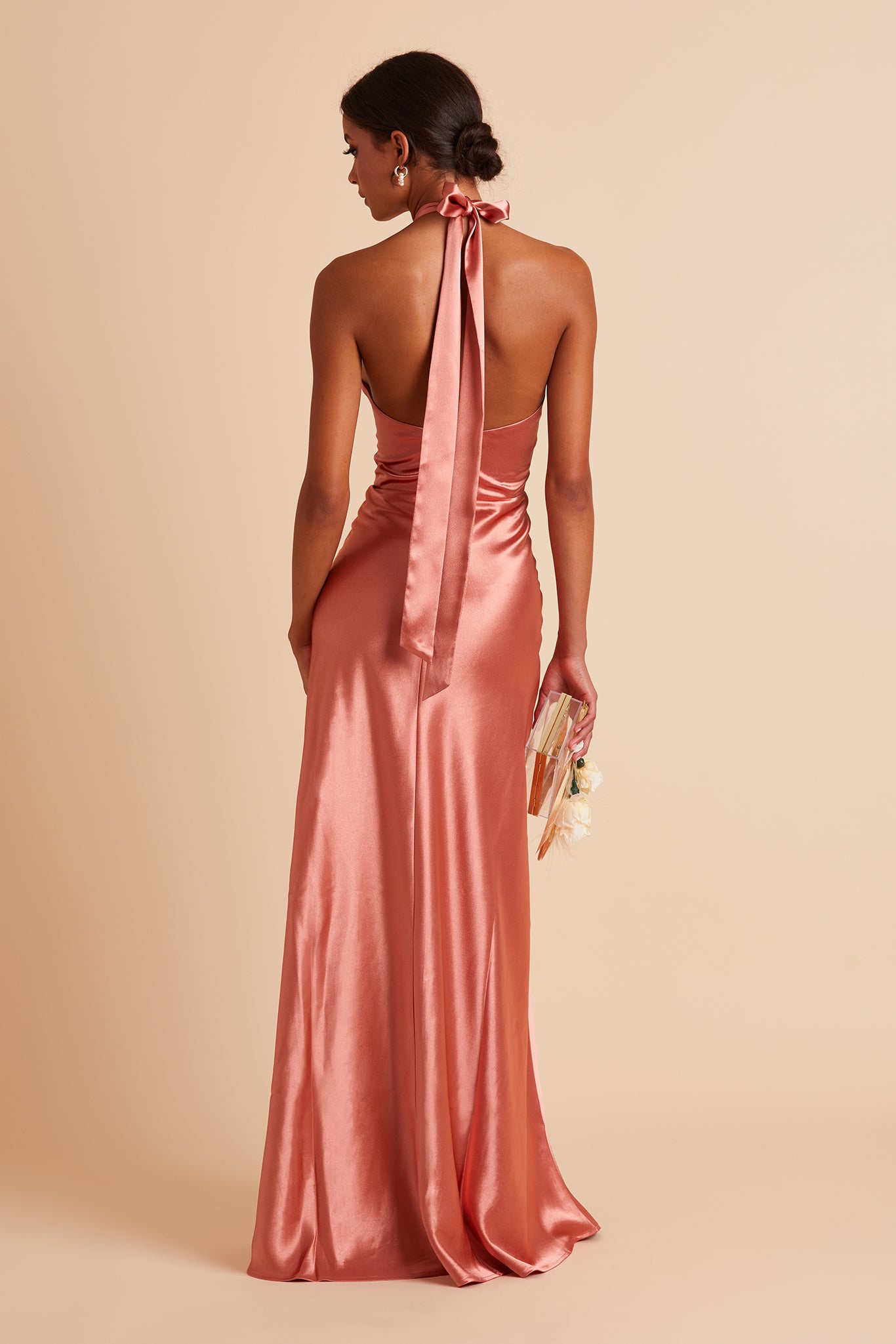 Shiny Satin Halter Dress with A-Line Skirt & Leg Slit | Monica