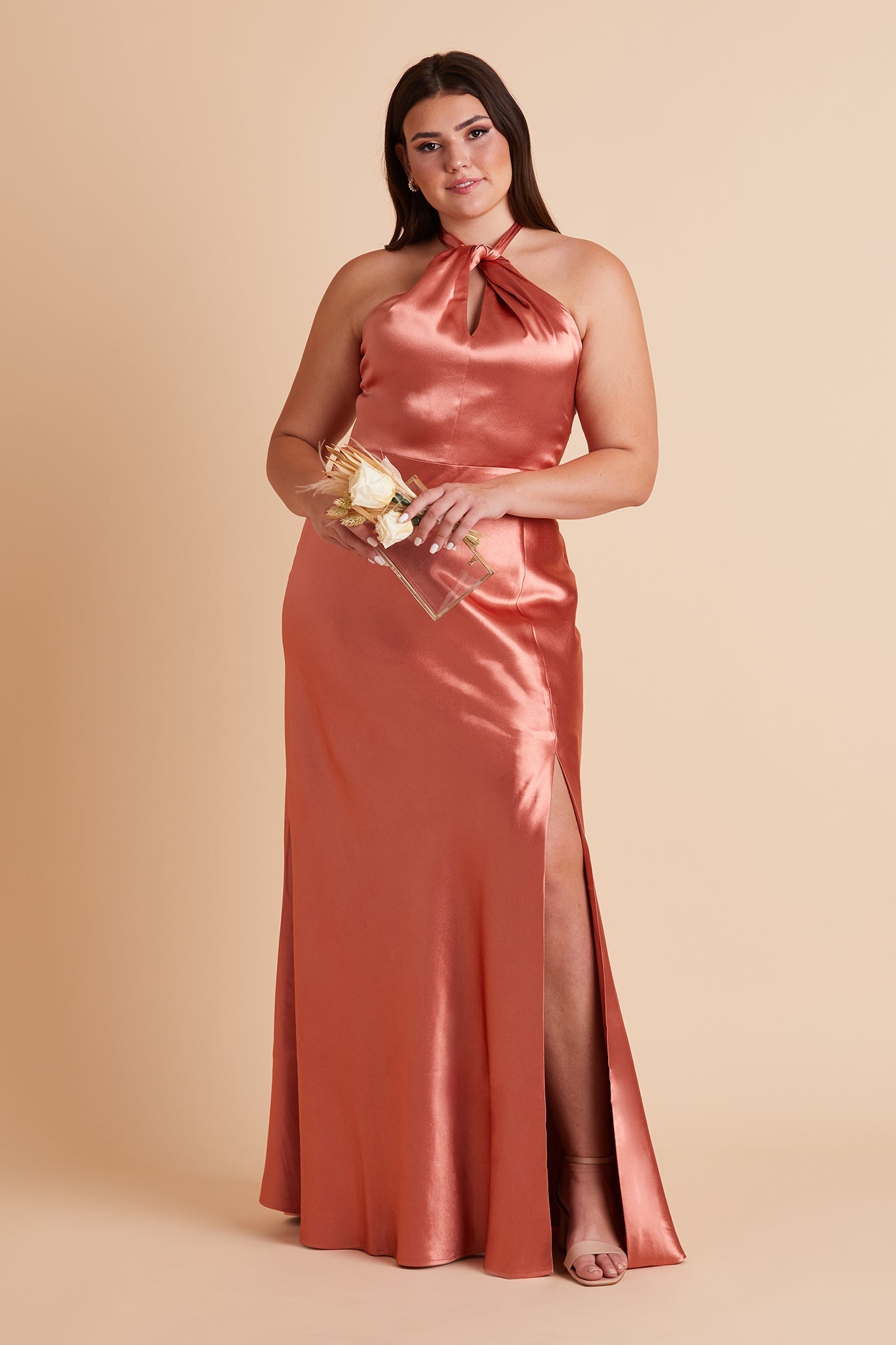 Shiny Satin Halter Dress with A-Line Skirt & Leg Slit | Monica