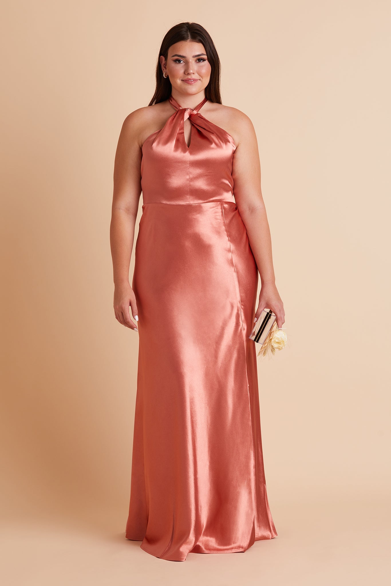 Shiny Satin Halter Dress with A-Line Skirt & Leg Slit | Monica