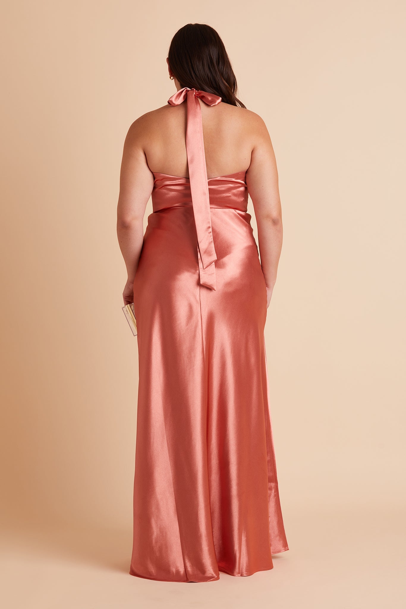 Shiny Satin Halter Dress with A-Line Skirt & Leg Slit | Monica