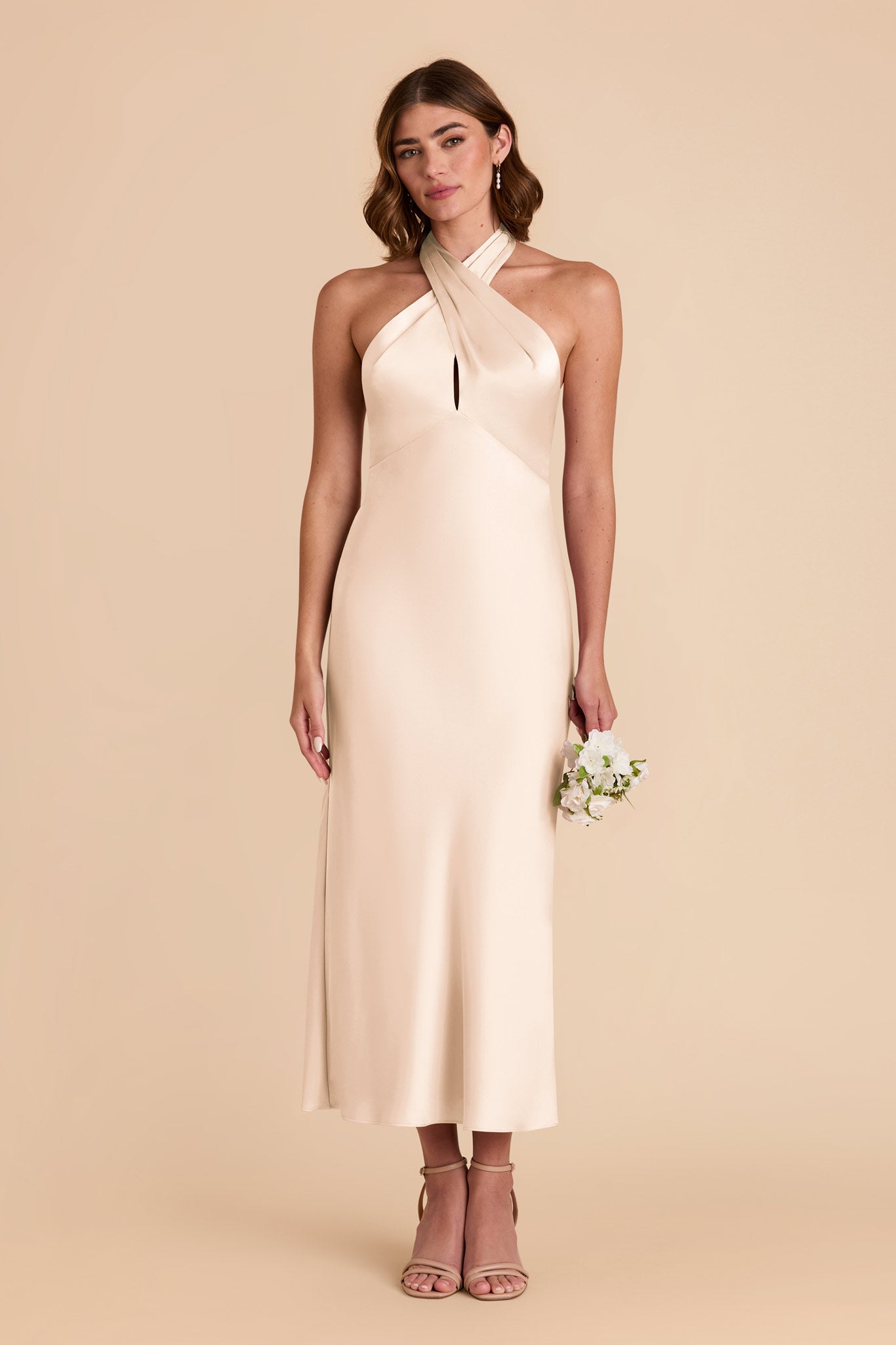Champagne Satin Halter Midi Dress for Special Occasions | Monique