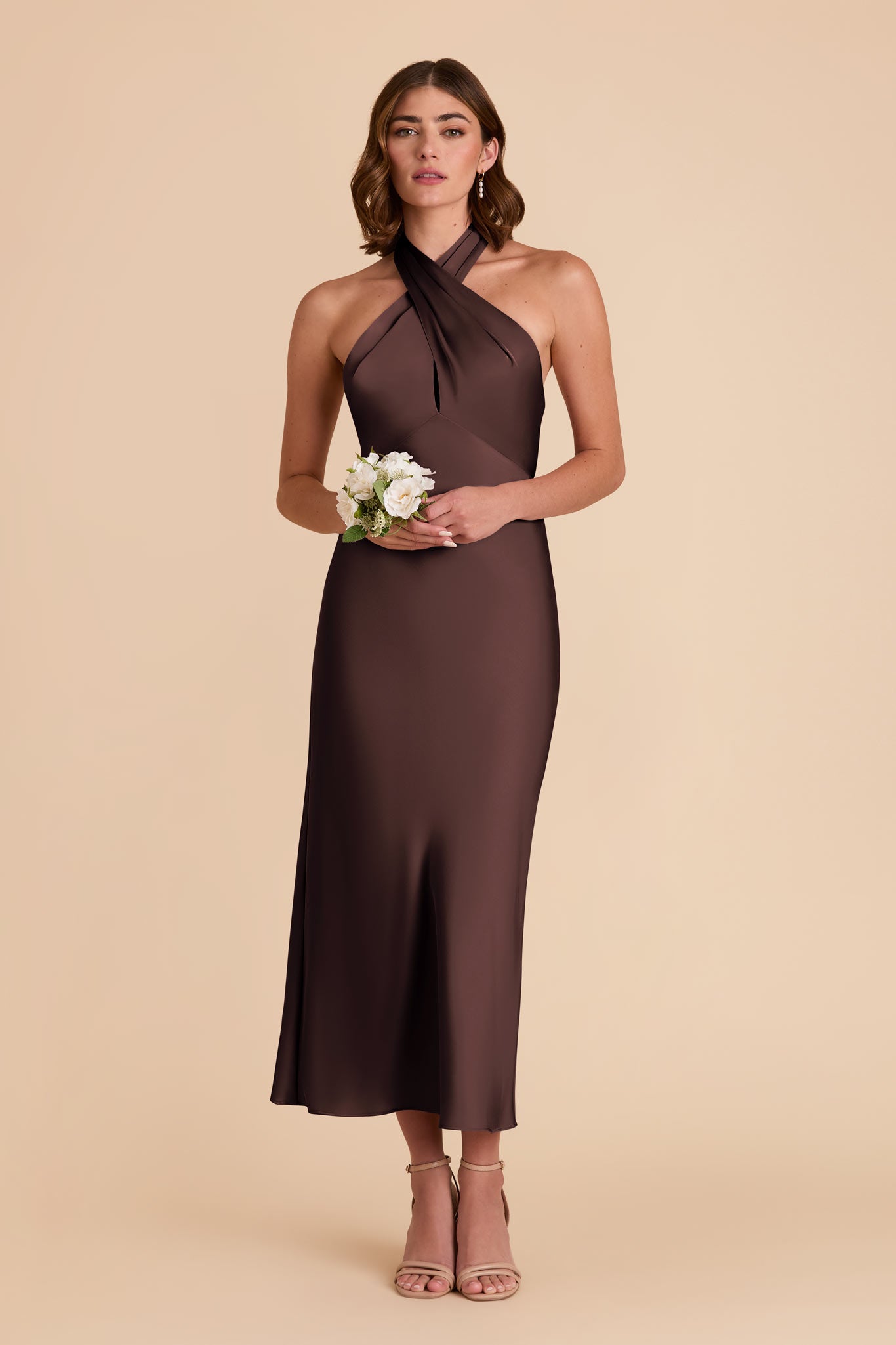 Matte Satin Midi Dress with Crossover Halter | Monique