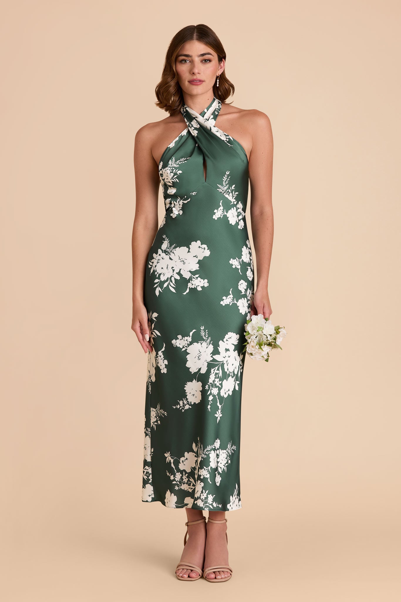 Matte Satin Halter Dress for Weddings & Special Events | Monique Eucalyptus Blooms