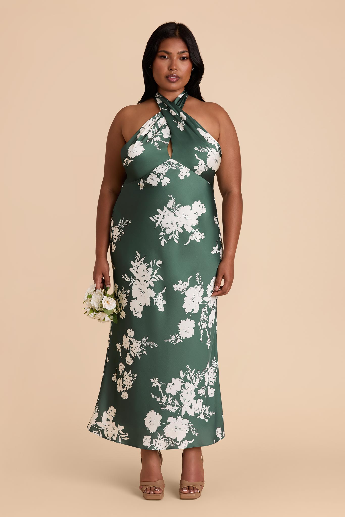 Matte Satin Halter Dress for Weddings & Special Events | Monique Eucalyptus Blooms