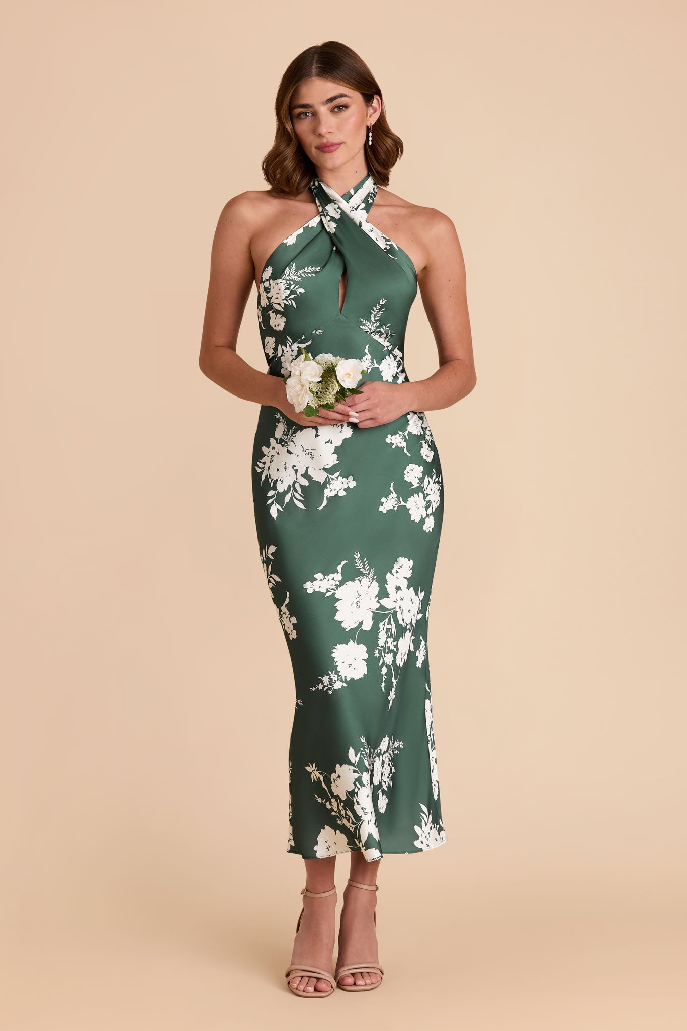 Matte Satin Halter Dress for Weddings & Special Events | Monique Eucalyptus Blooms