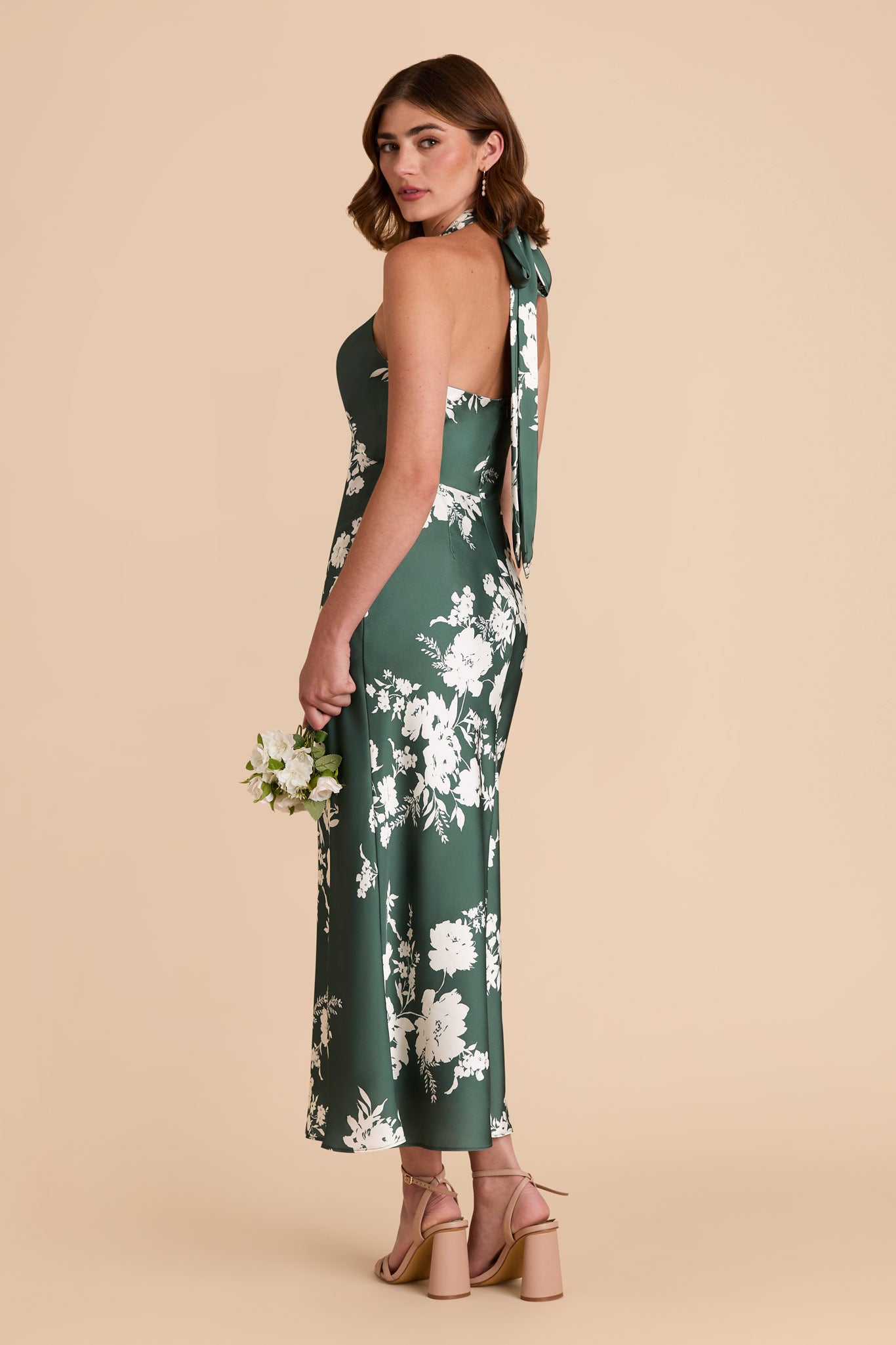 Matte Satin Halter Dress for Weddings & Special Events | Monique Eucalyptus Blooms