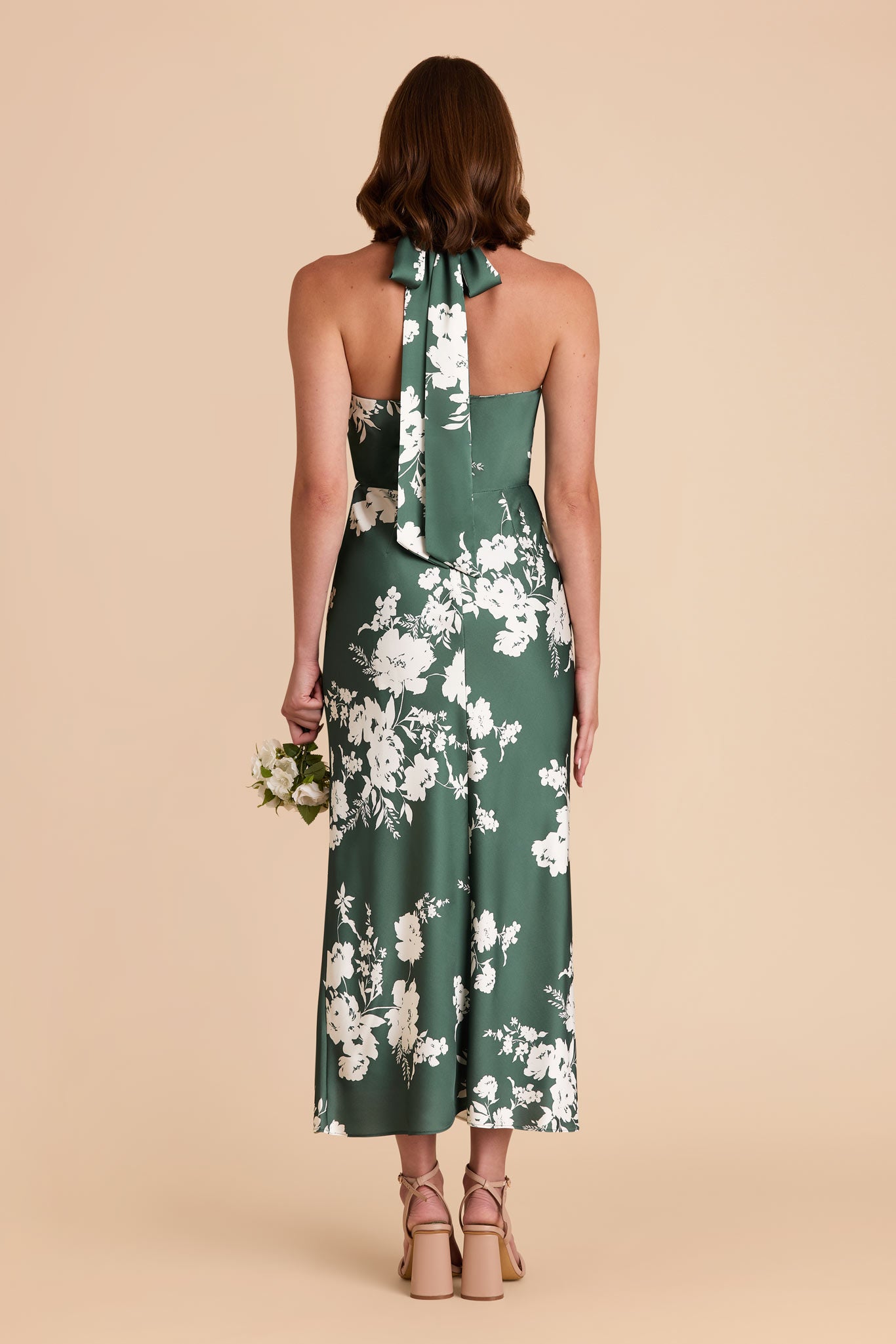 Matte Satin Halter Dress for Weddings & Special Events | Monique Eucalyptus Blooms