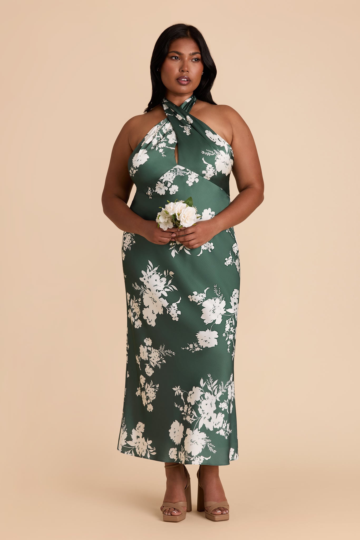 Matte Satin Halter Dress for Weddings & Special Events | Monique Eucalyptus Blooms
