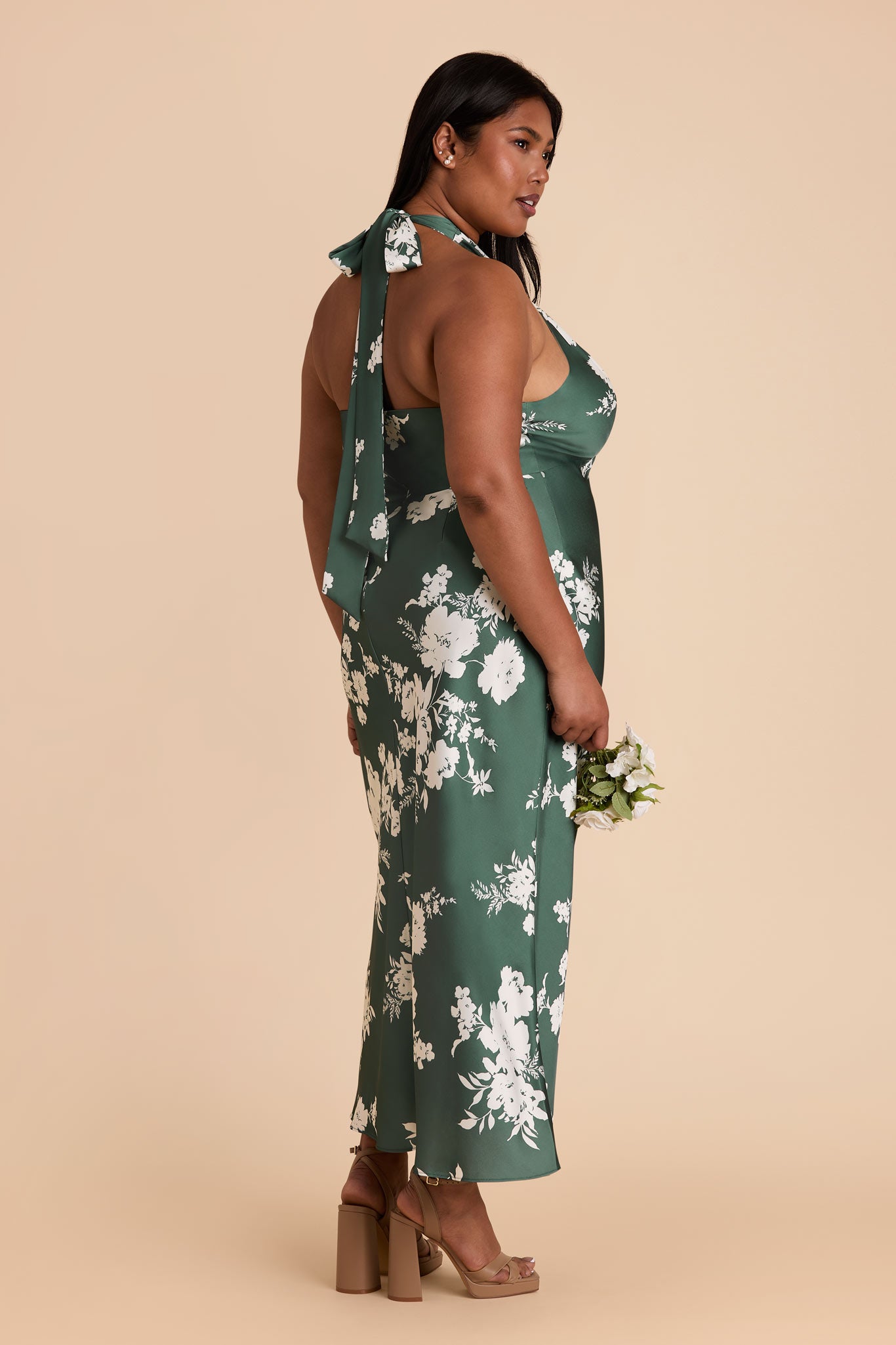 Matte Satin Halter Dress for Weddings & Special Events | Monique Eucalyptus Blooms