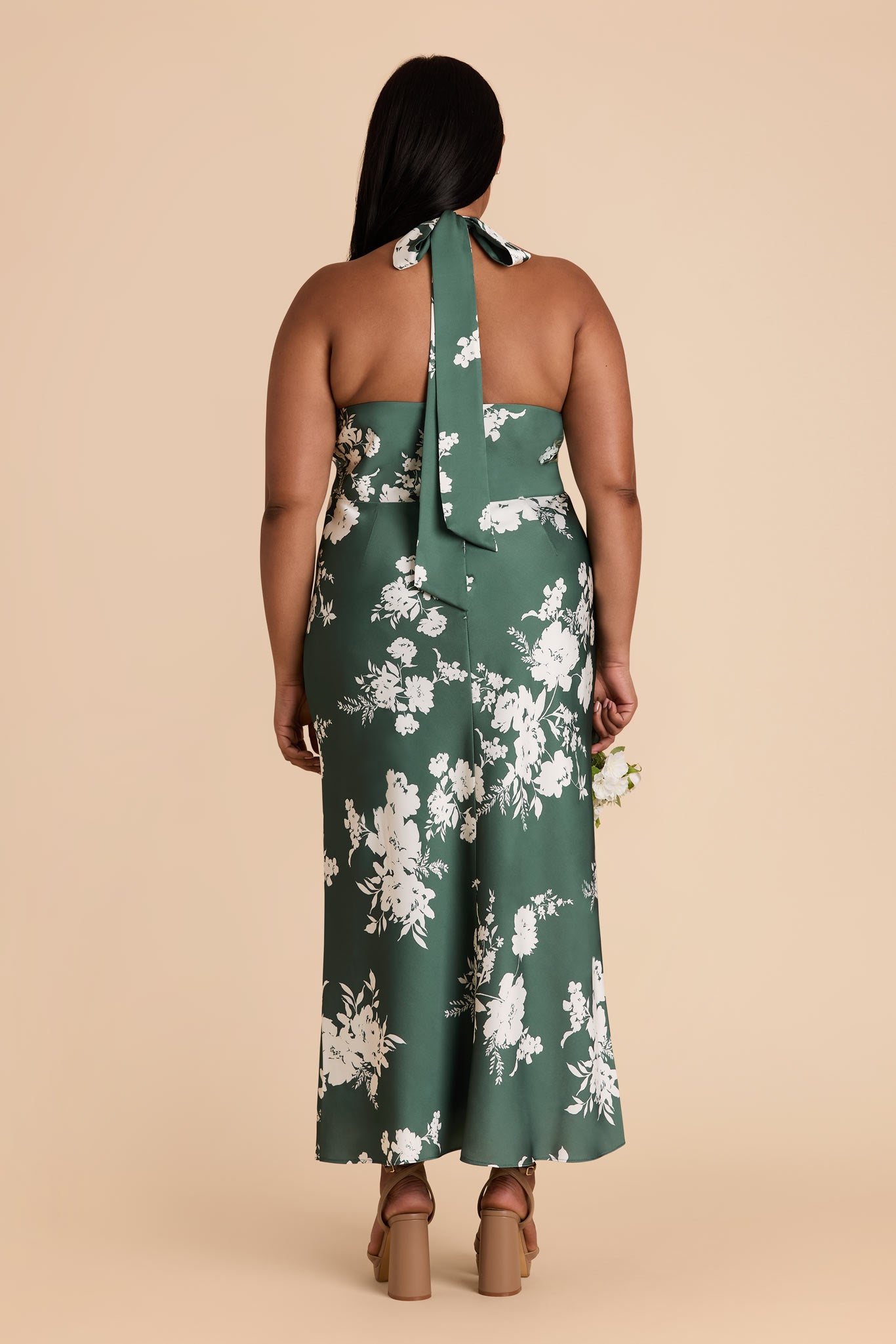 Matte Satin Halter Dress for Weddings & Special Events | Monique Eucalyptus Blooms