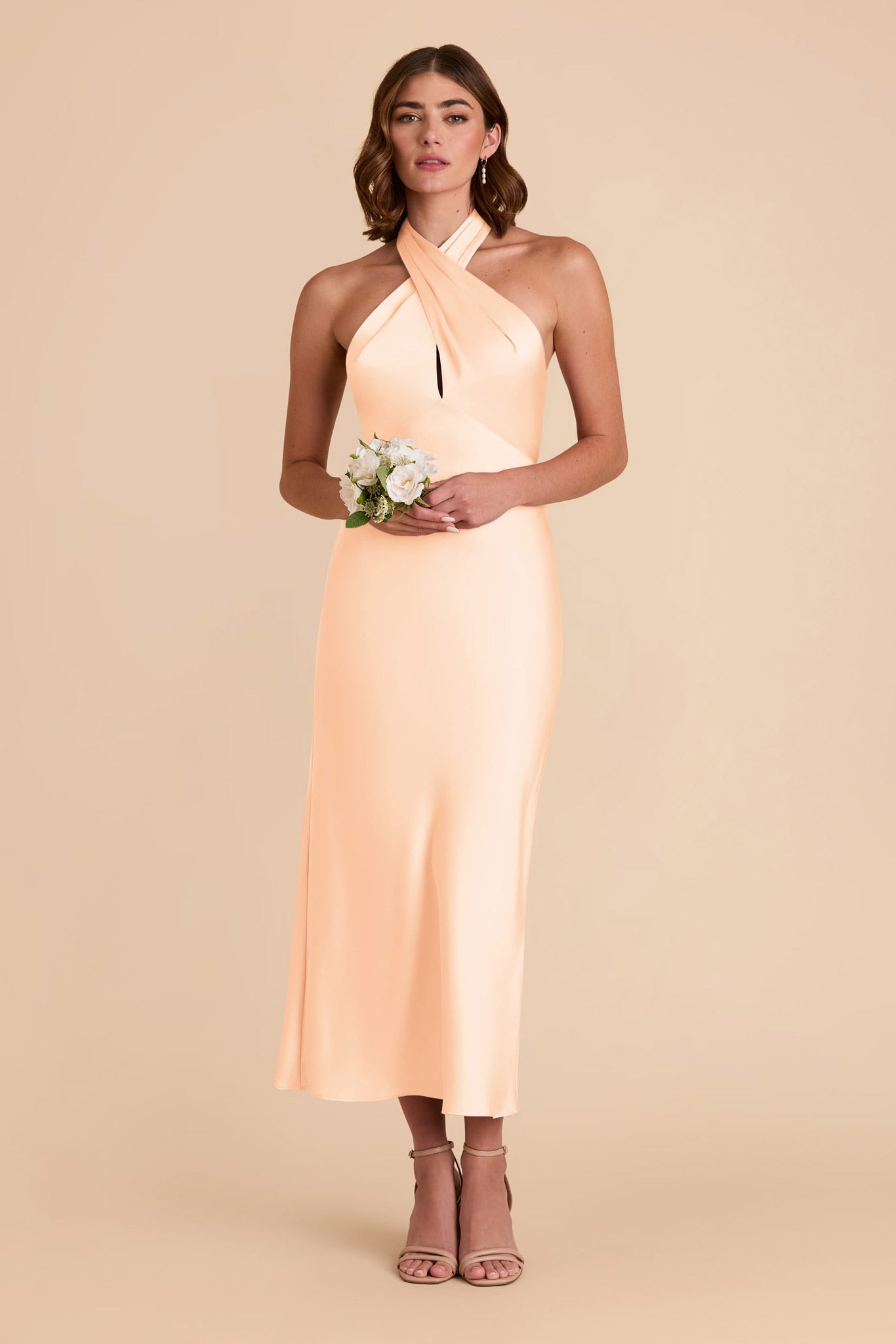 Peach Cream Matte Satin Halter Dress for Weddings | Monique