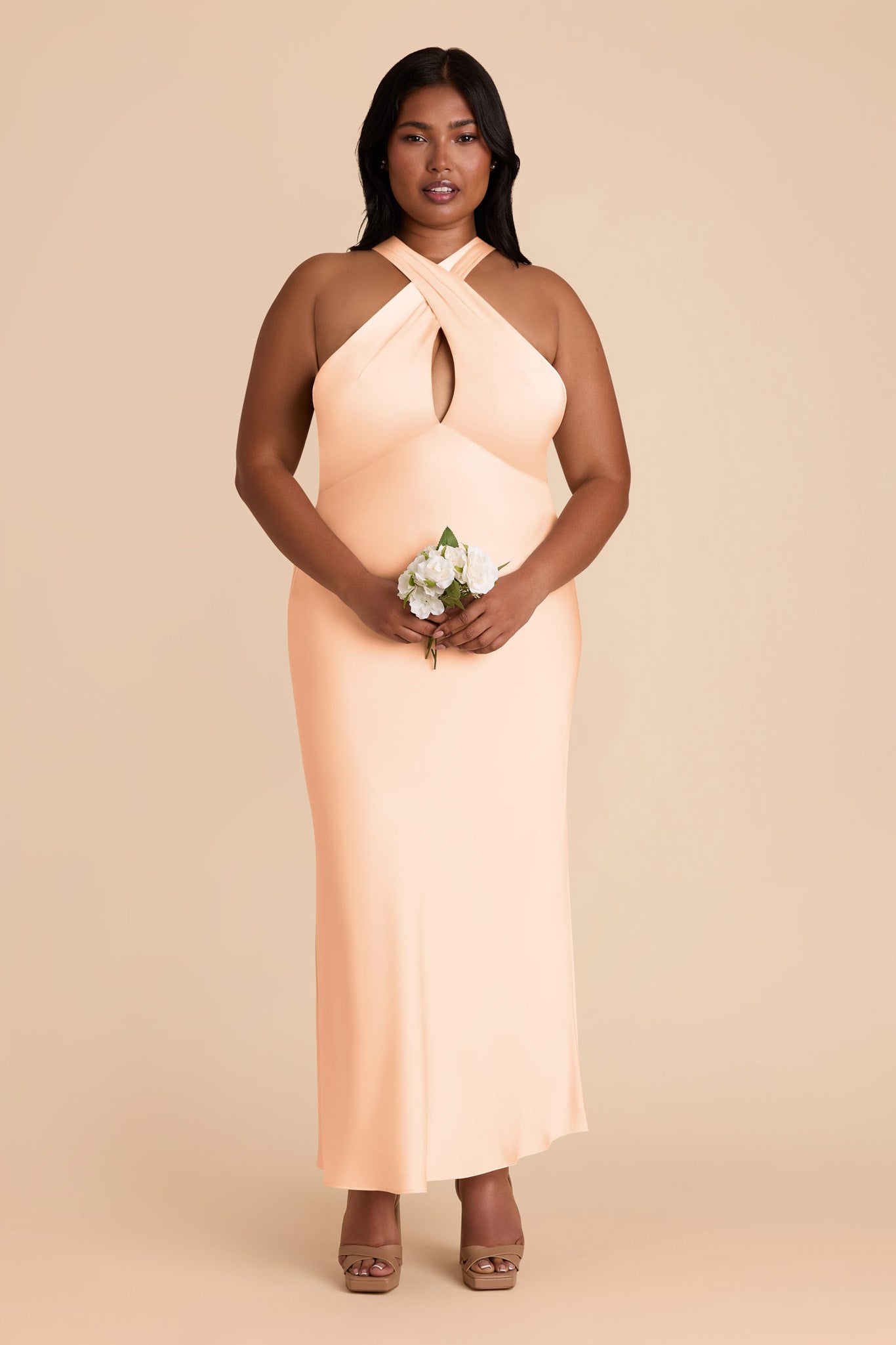 Peach Cream Matte Satin Halter Dress for Weddings | Monique