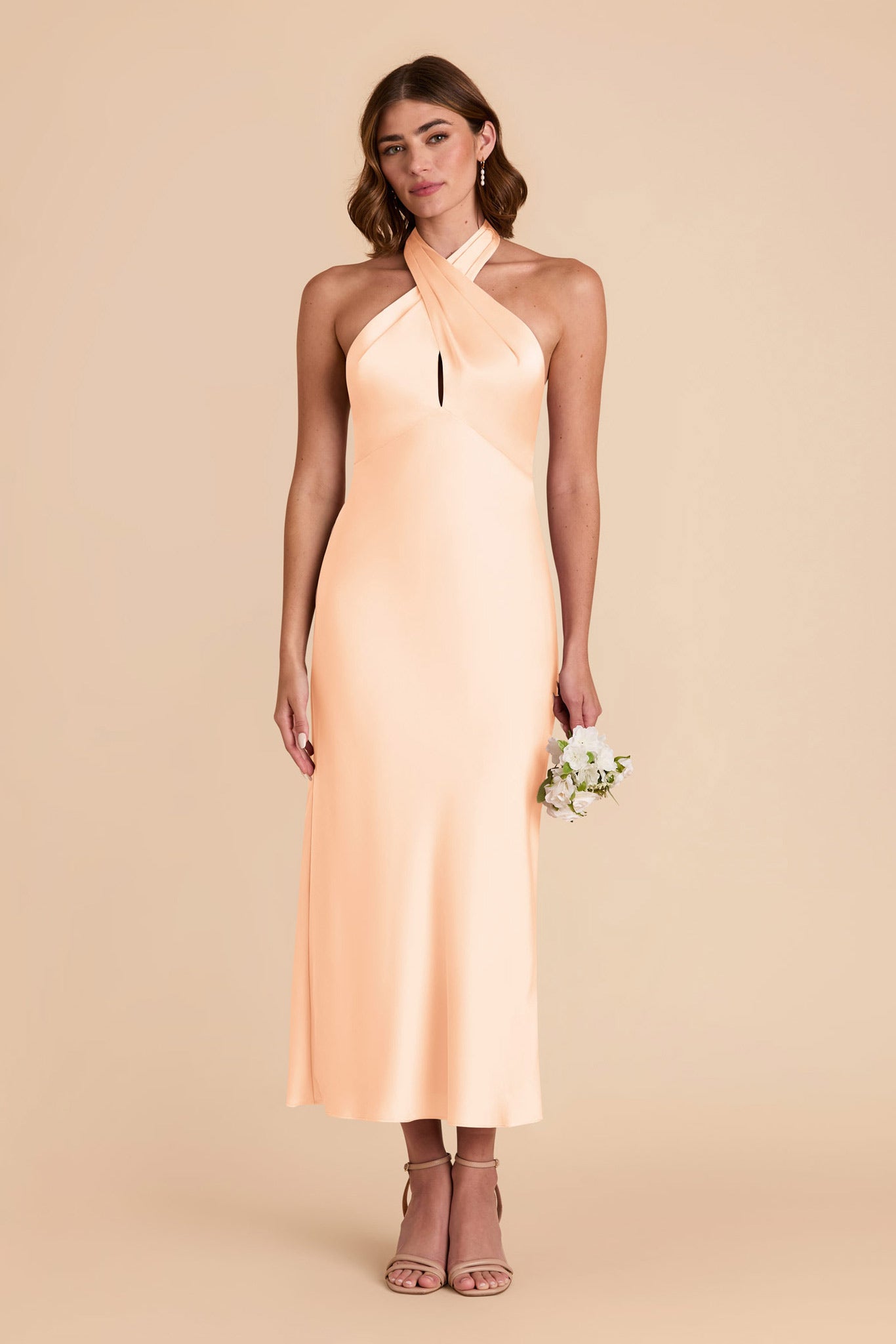 Peach Cream Matte Satin Halter Dress for Weddings | Monique