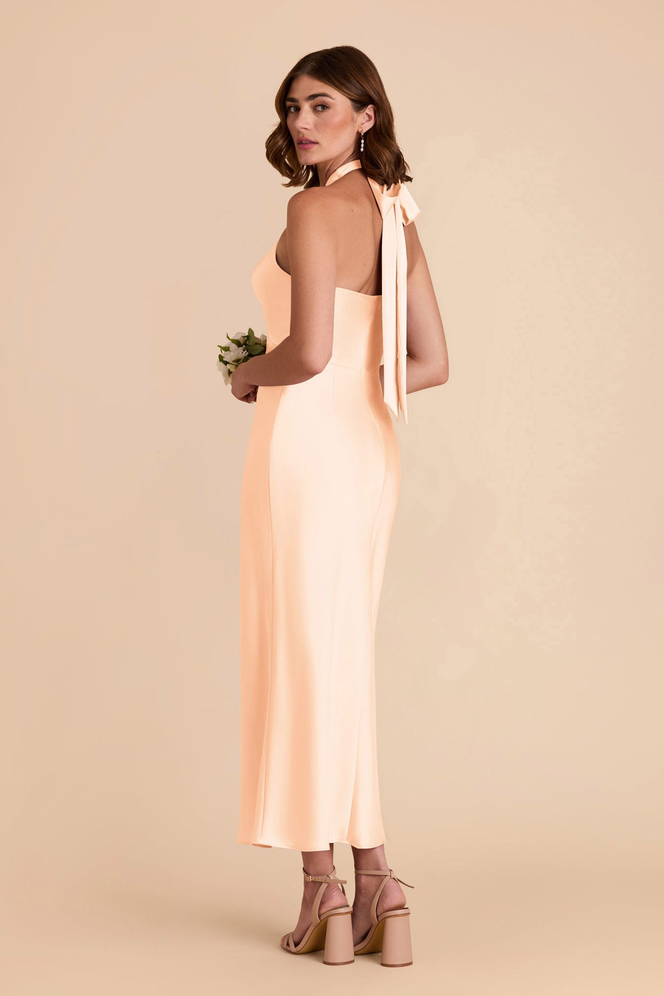 Peach Cream Matte Satin Halter Dress for Weddings | Monique