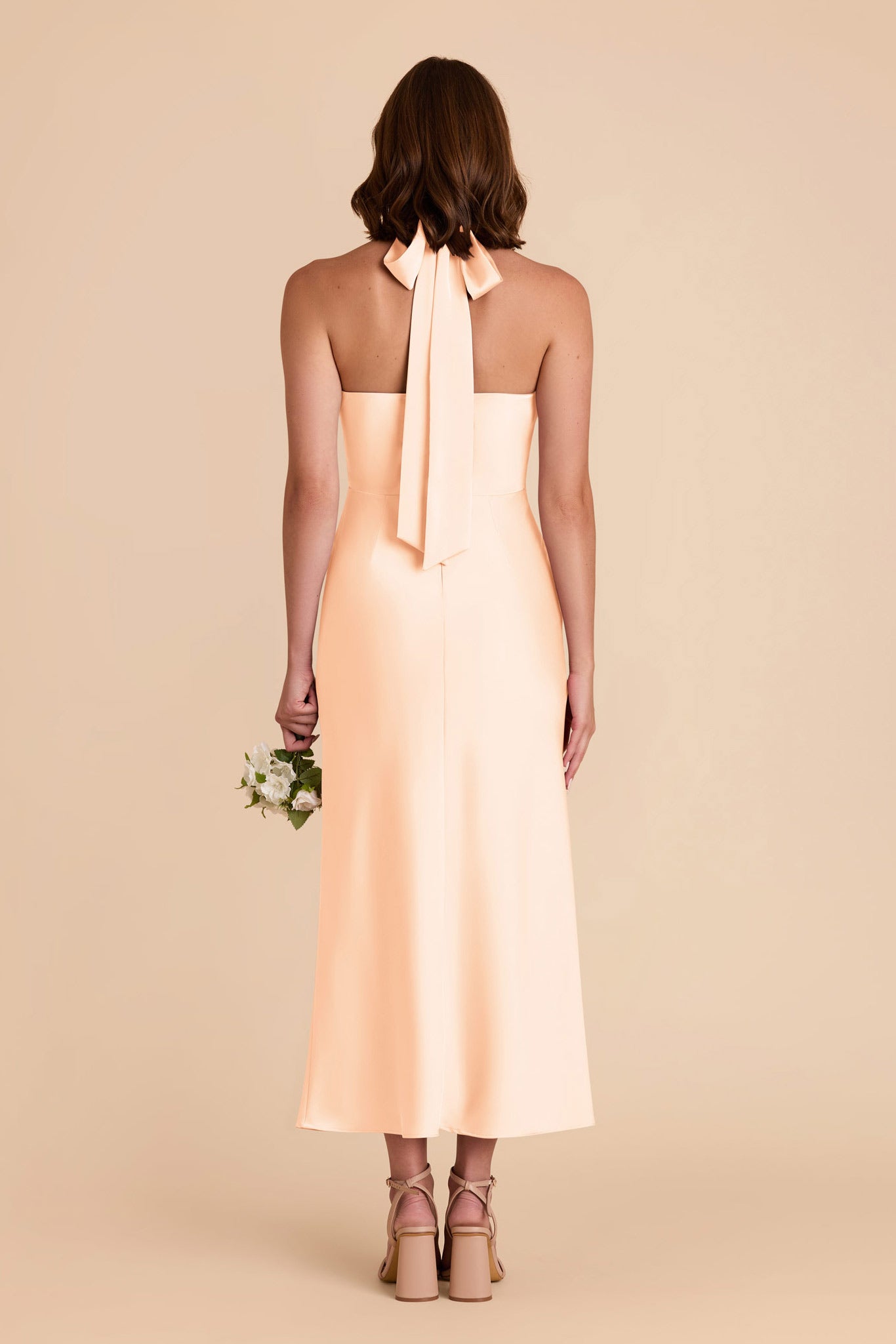Peach Cream Matte Satin Halter Dress for Weddings | Monique