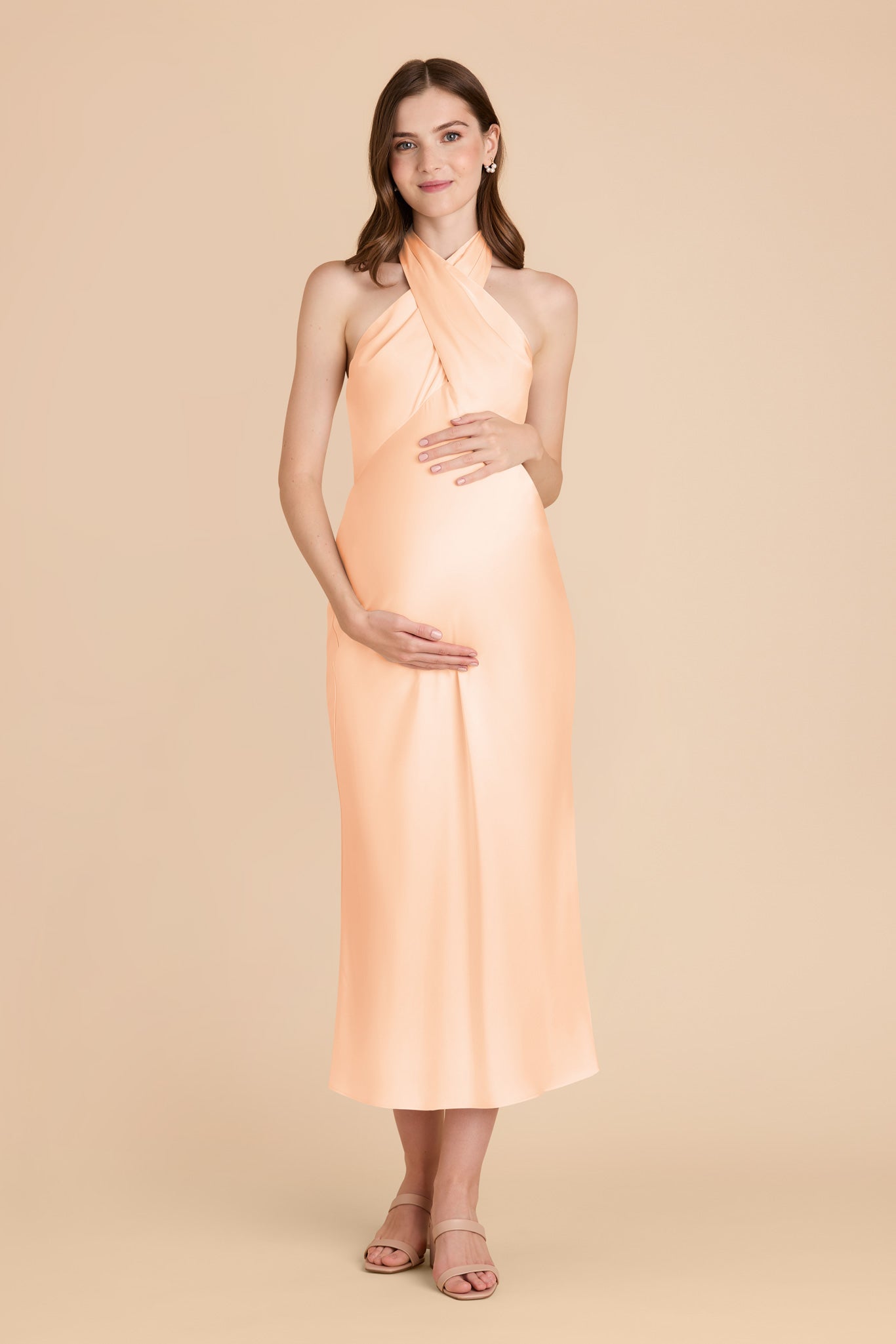 Peach Cream Matte Satin Halter Dress for Weddings | Monique