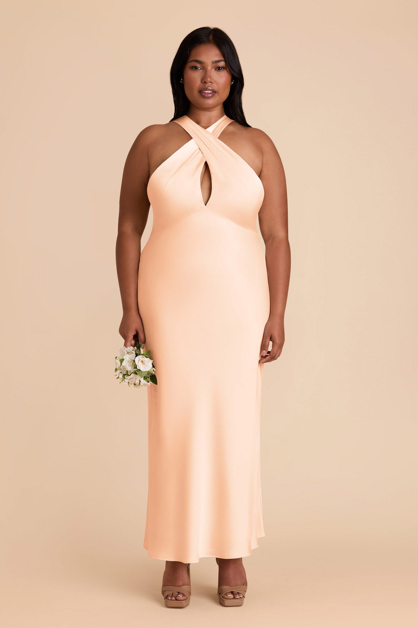 Peach Cream Matte Satin Halter Dress for Weddings | Monique