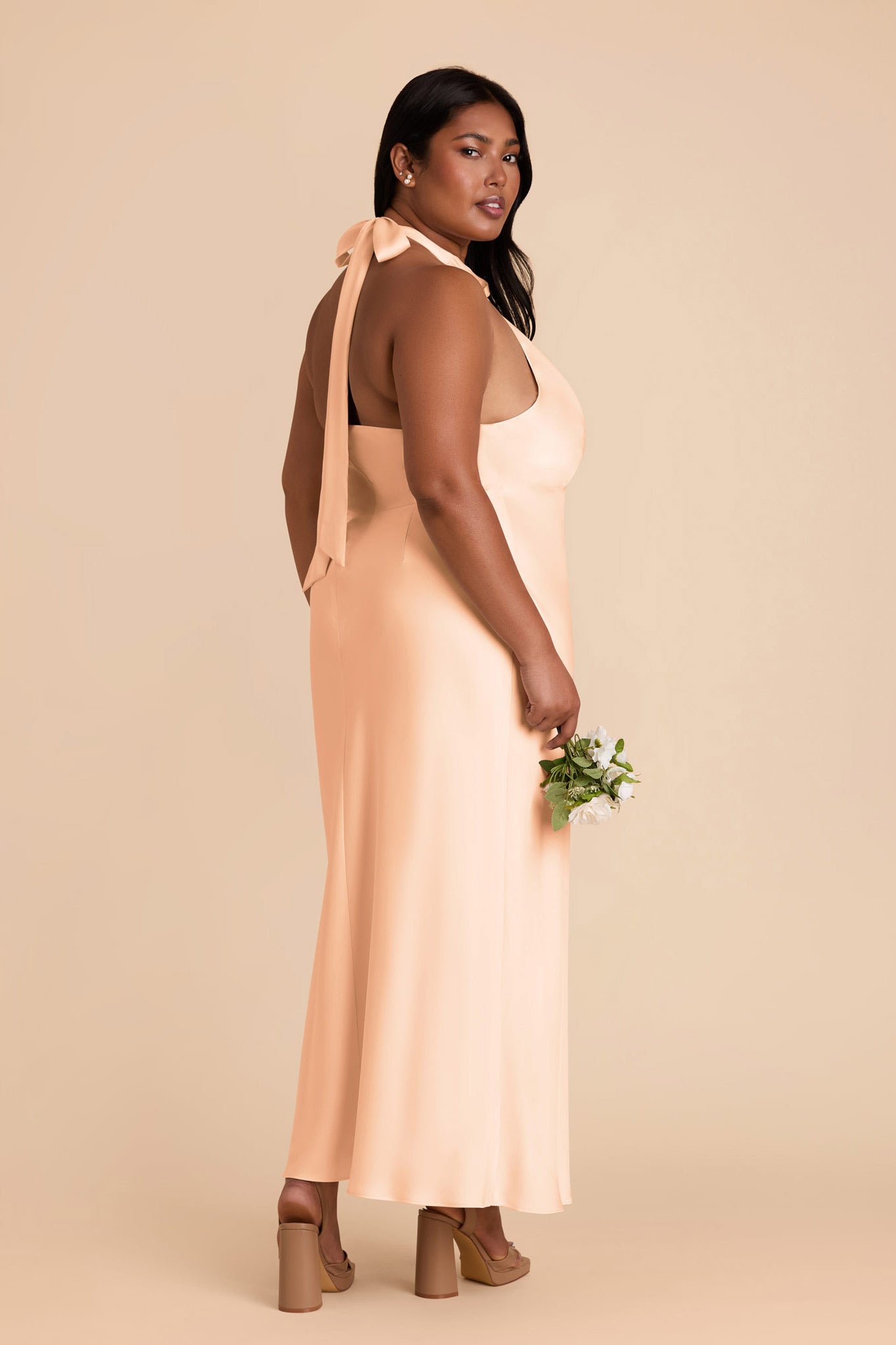 Peach Cream Matte Satin Halter Dress for Weddings | Monique