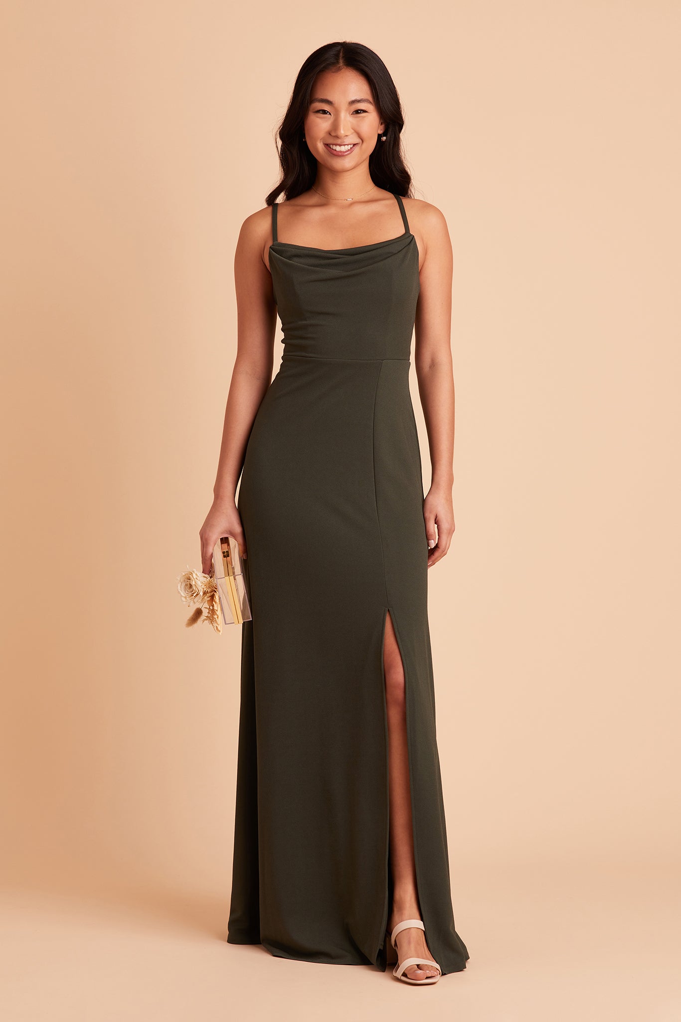 Elegant Olive Crepe Bridesmaid Dress with Cowl Neck & Slit