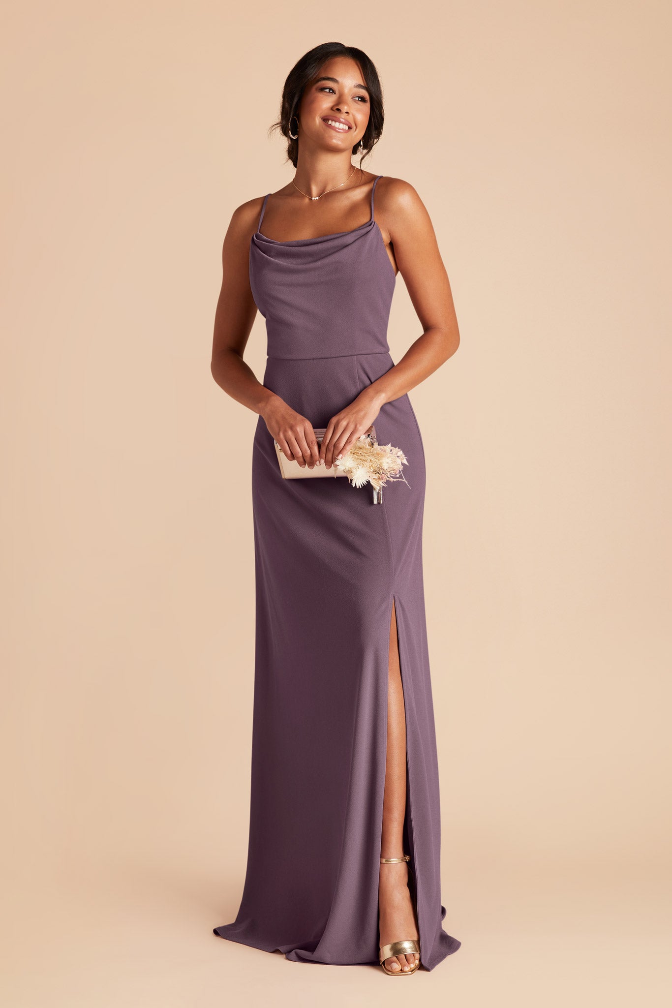 Plum Cowl Neck Bridesmaid Dress with Slit | Ash Crepe