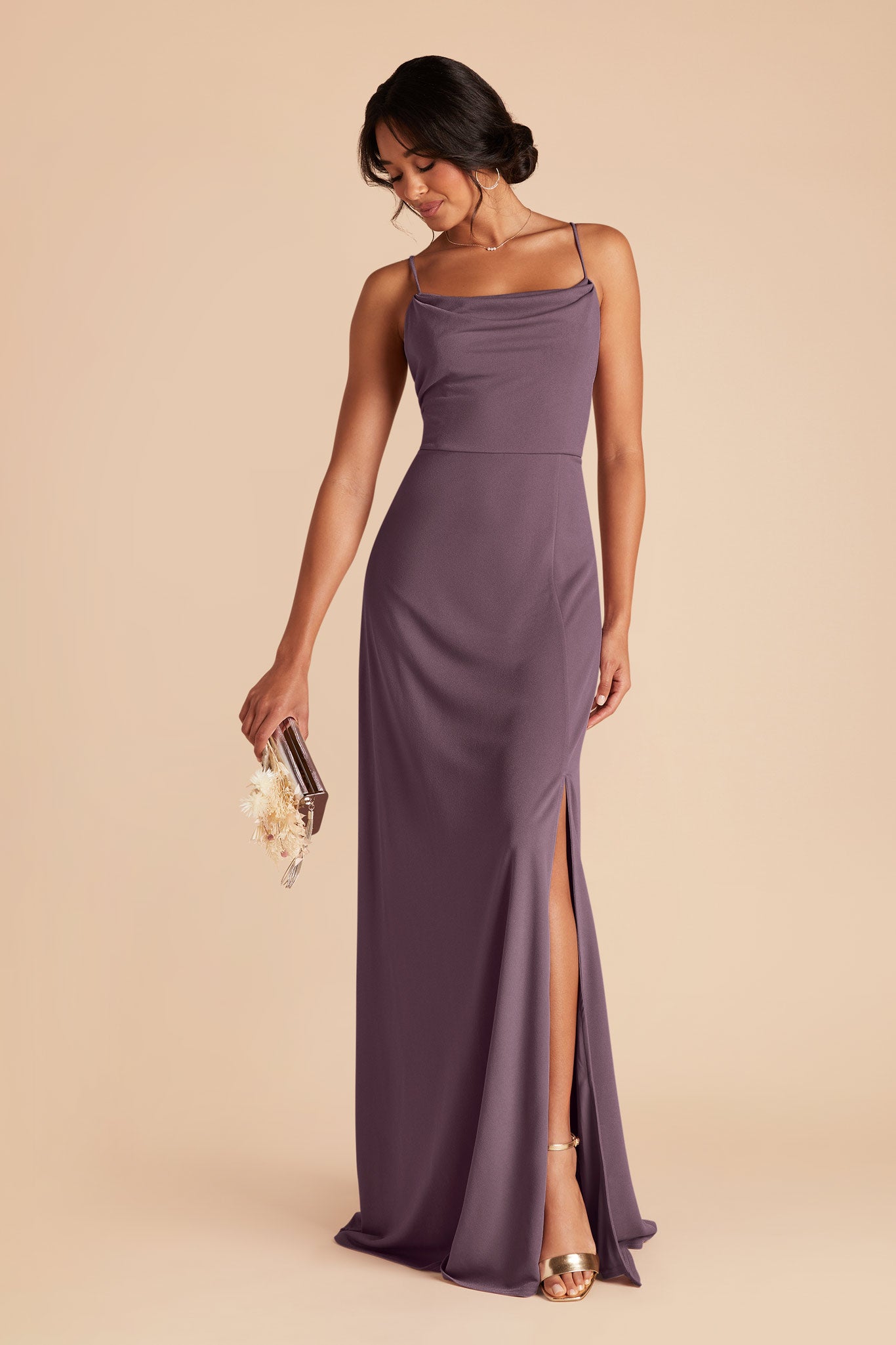 Plum Cowl Neck Bridesmaid Dress with Slit | Ash Crepe