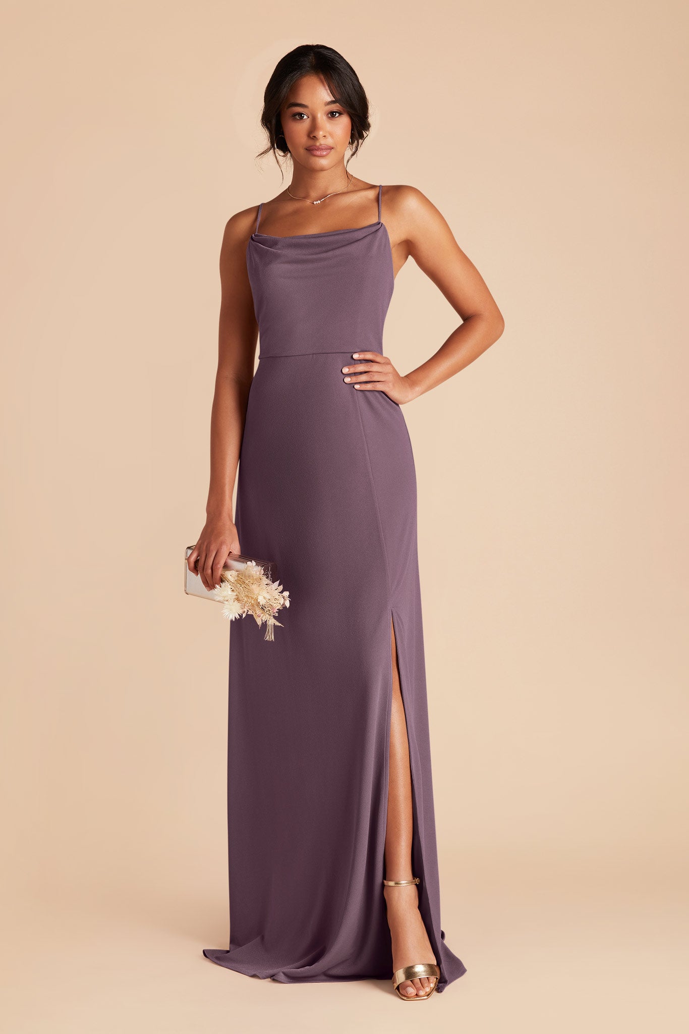 Plum Cowl Neck Bridesmaid Dress with Slit | Ash Crepe