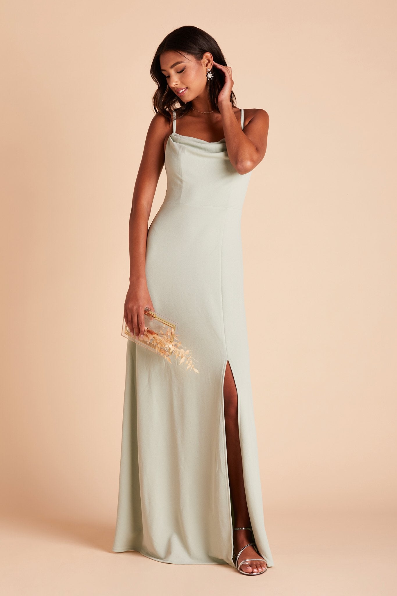 Elegant Sage Bridesmaid Dress with Cowl Neck & Slit | Ash Crepe