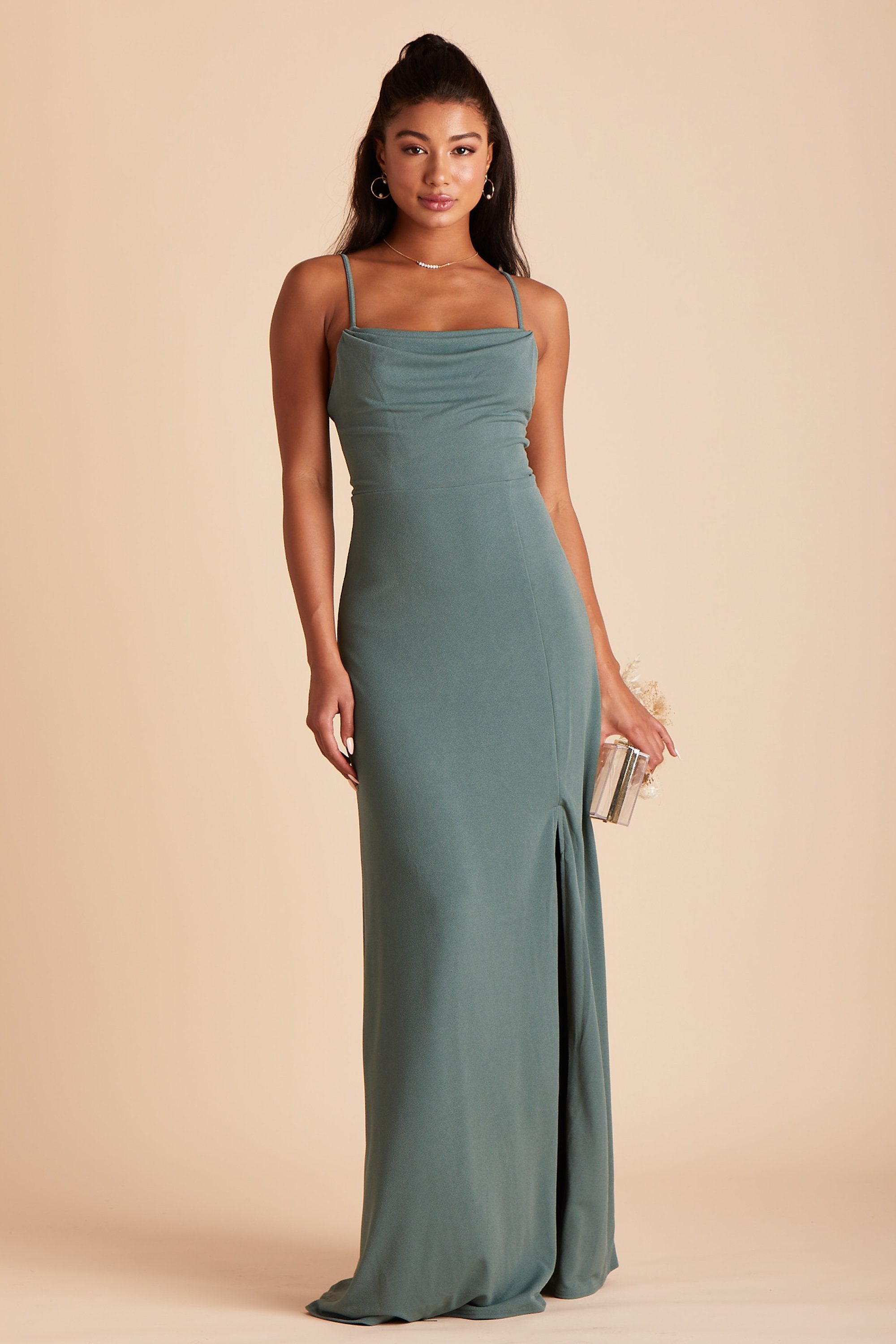 Elegant Ash Crepe Bridesmaid Dress with Cowl Neck | Sea Glass