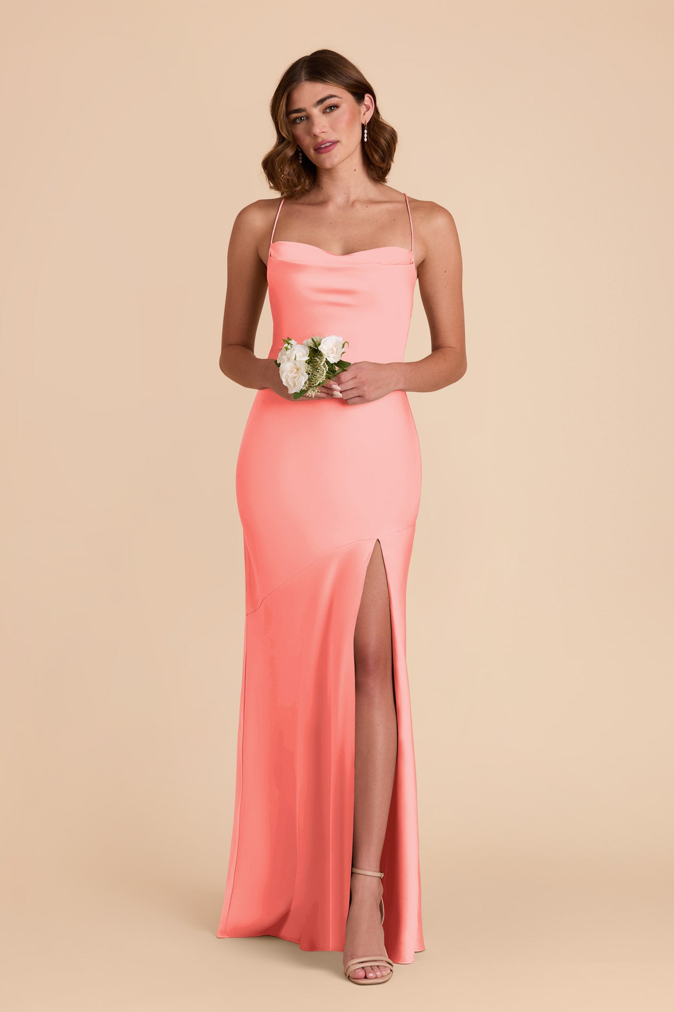Matte Satin Slip Dress with Cowl Neck | Olivia - Coral Pink