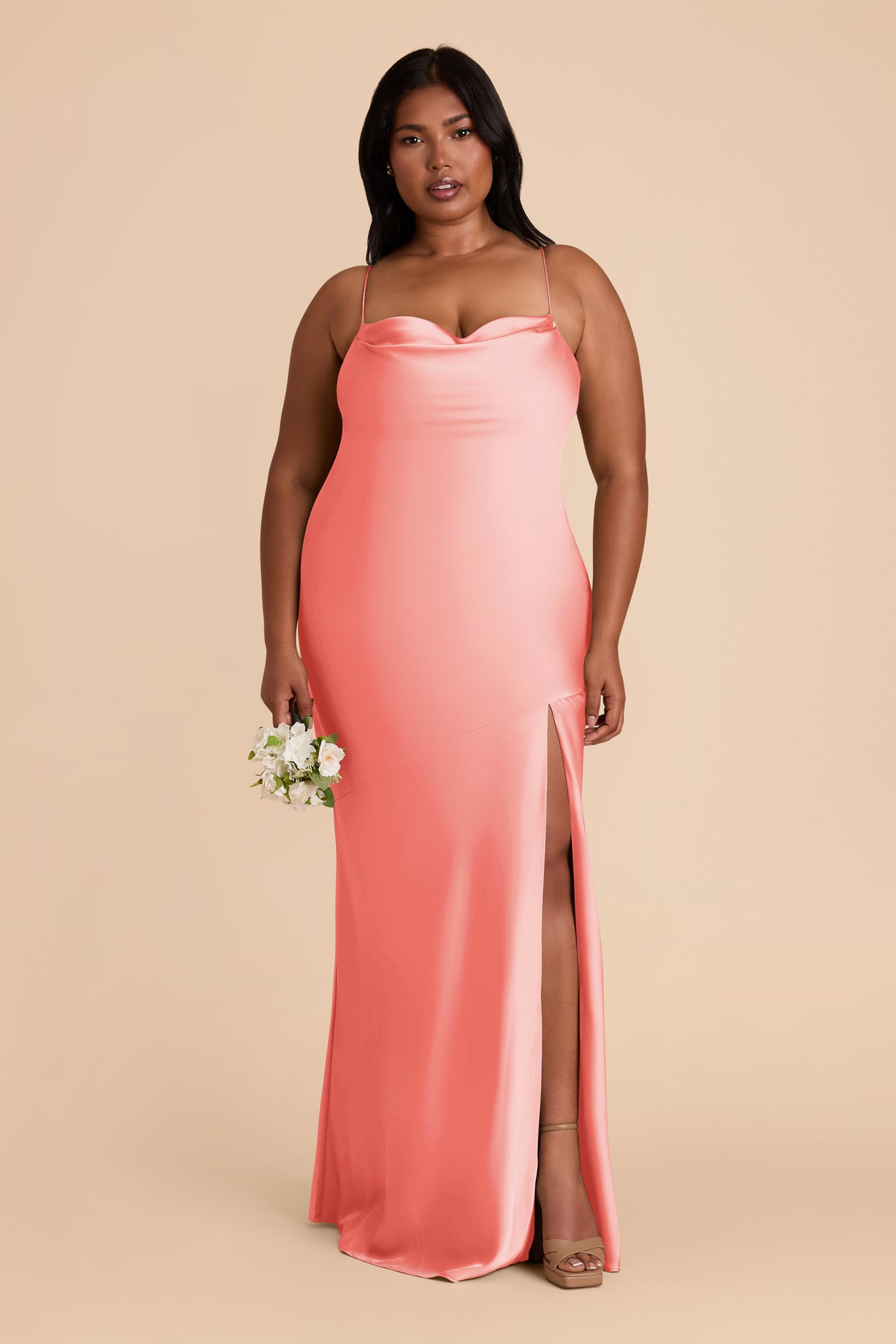 Matte Satin Slip Dress with Cowl Neck | Olivia - Coral Pink