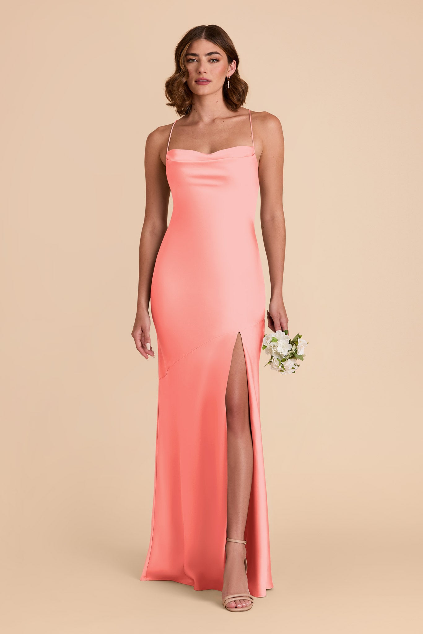 Matte Satin Slip Dress with Cowl Neck | Olivia - Coral Pink