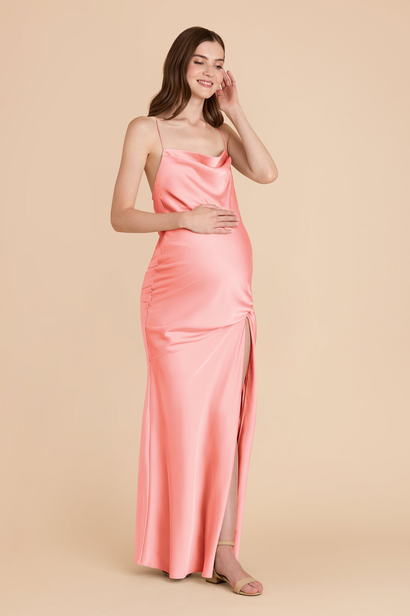 Matte Satin Slip Dress with Cowl Neck | Olivia - Coral Pink