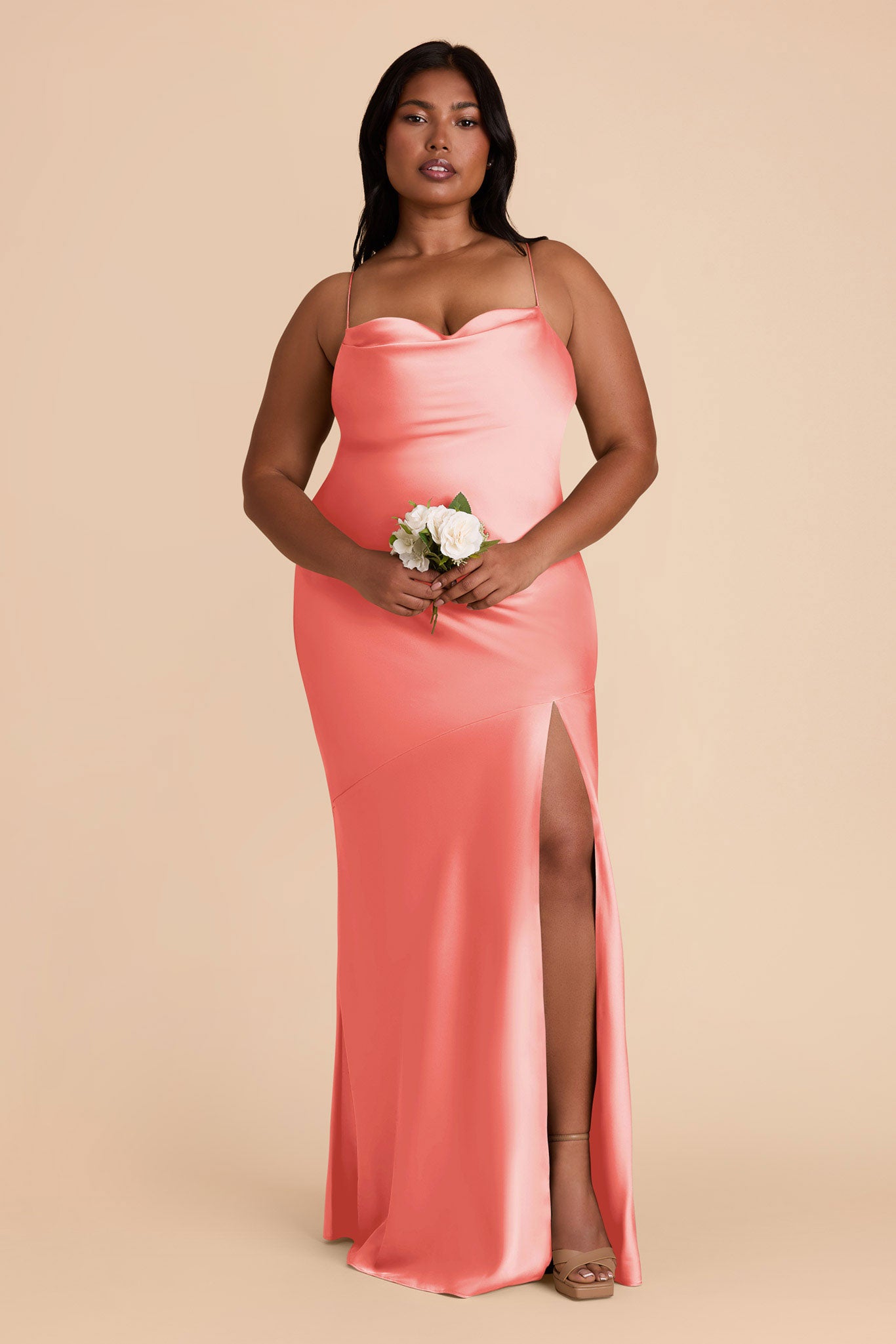 Matte Satin Slip Dress with Cowl Neck | Olivia - Coral Pink