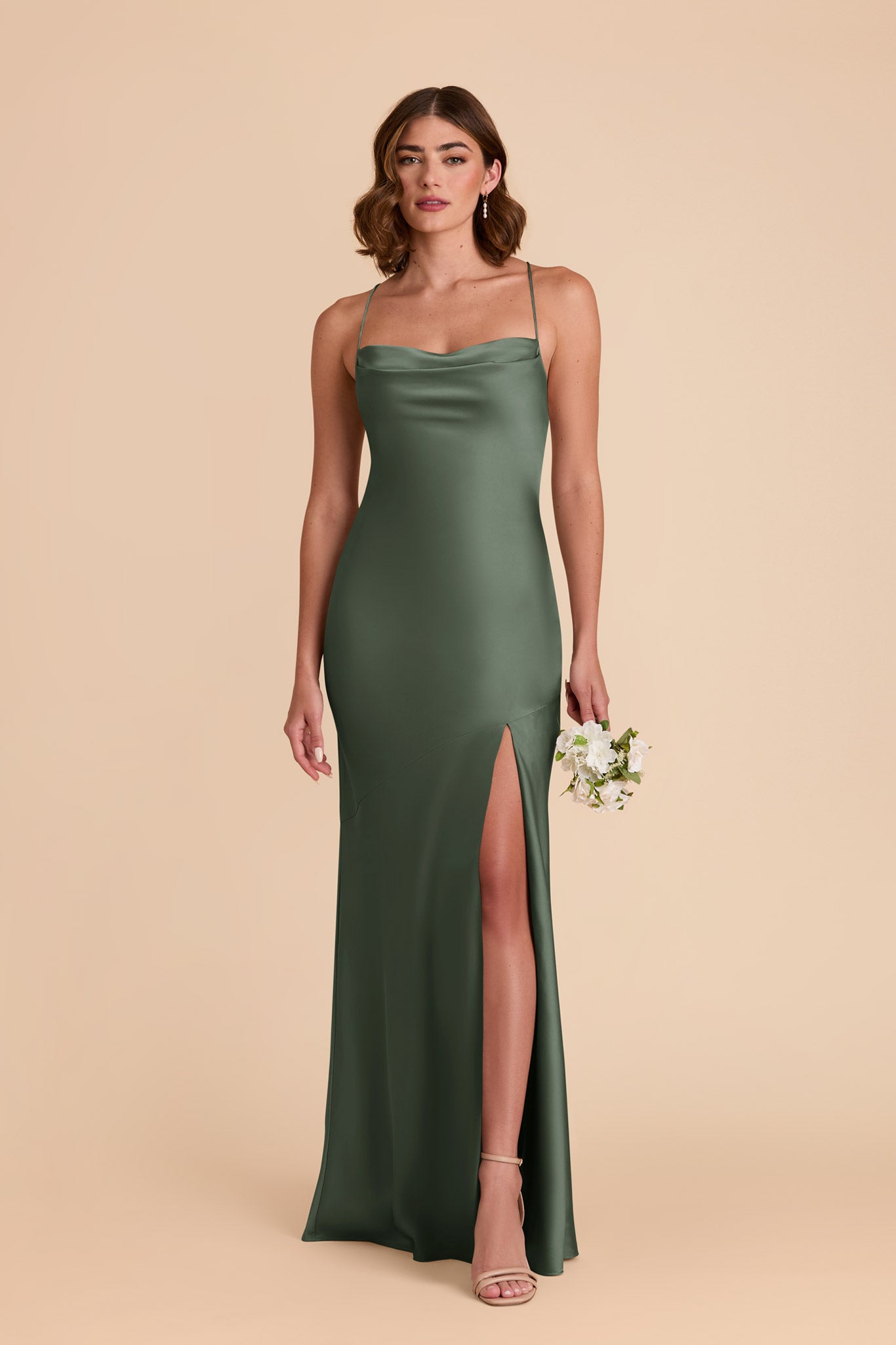 Matte Satin Slip Dress with Cowl Neck | Olivia - Eucalyptus