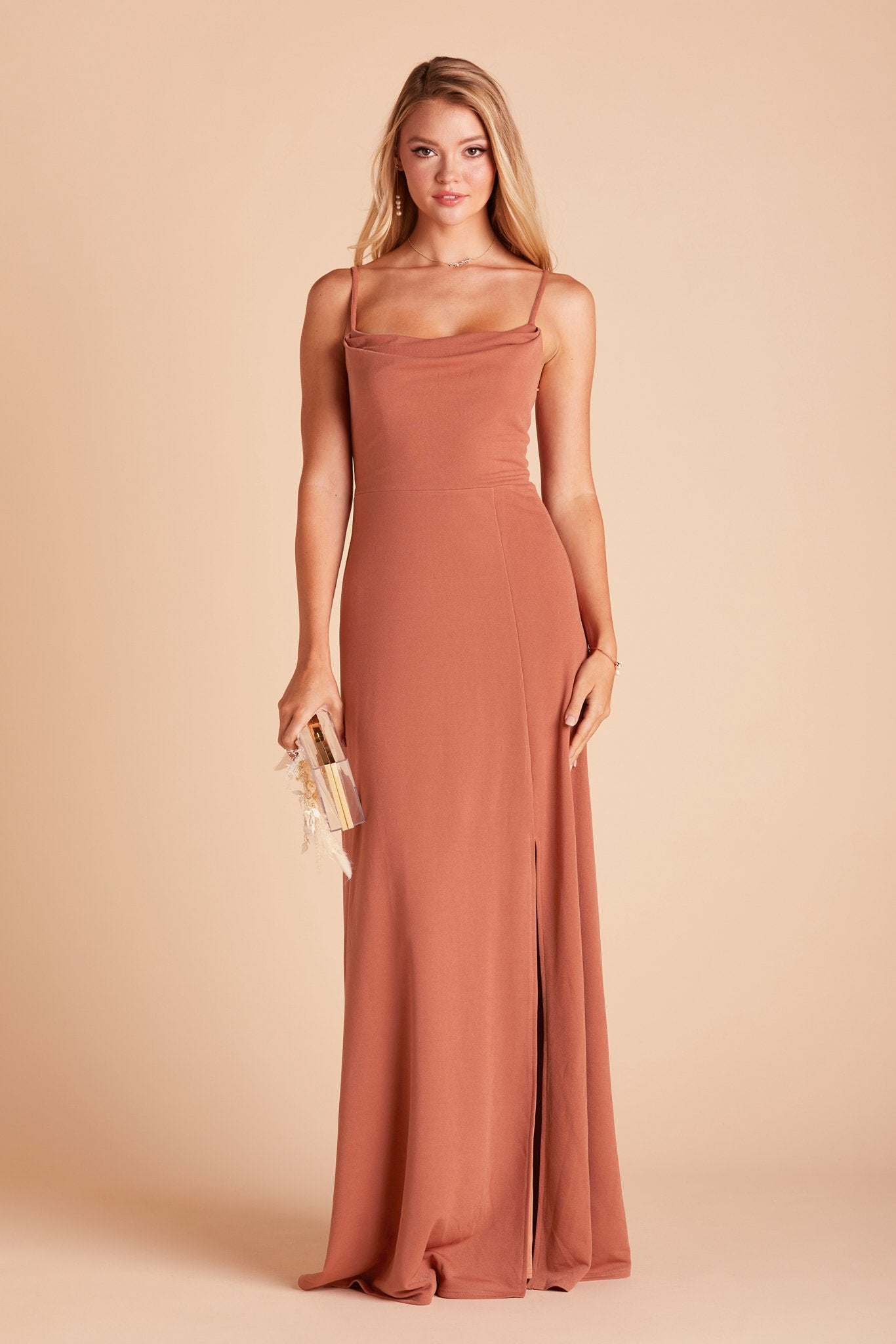 Elegant Cowl Neck Crepe Bridesmaid Dress with Slit | Ash Terracotta