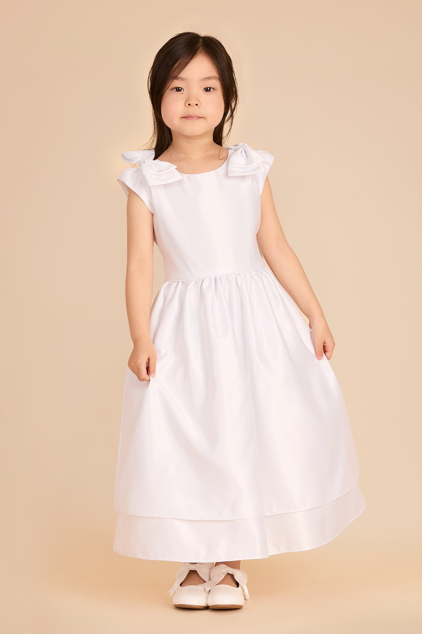 Tea-Length Flower Girl Dress with Satin Fabric & Shoulder Bows | White