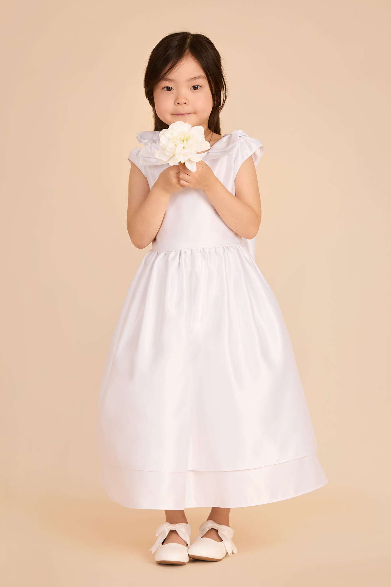 Tea-Length Flower Girl Dress with Satin Fabric & Shoulder Bows | White