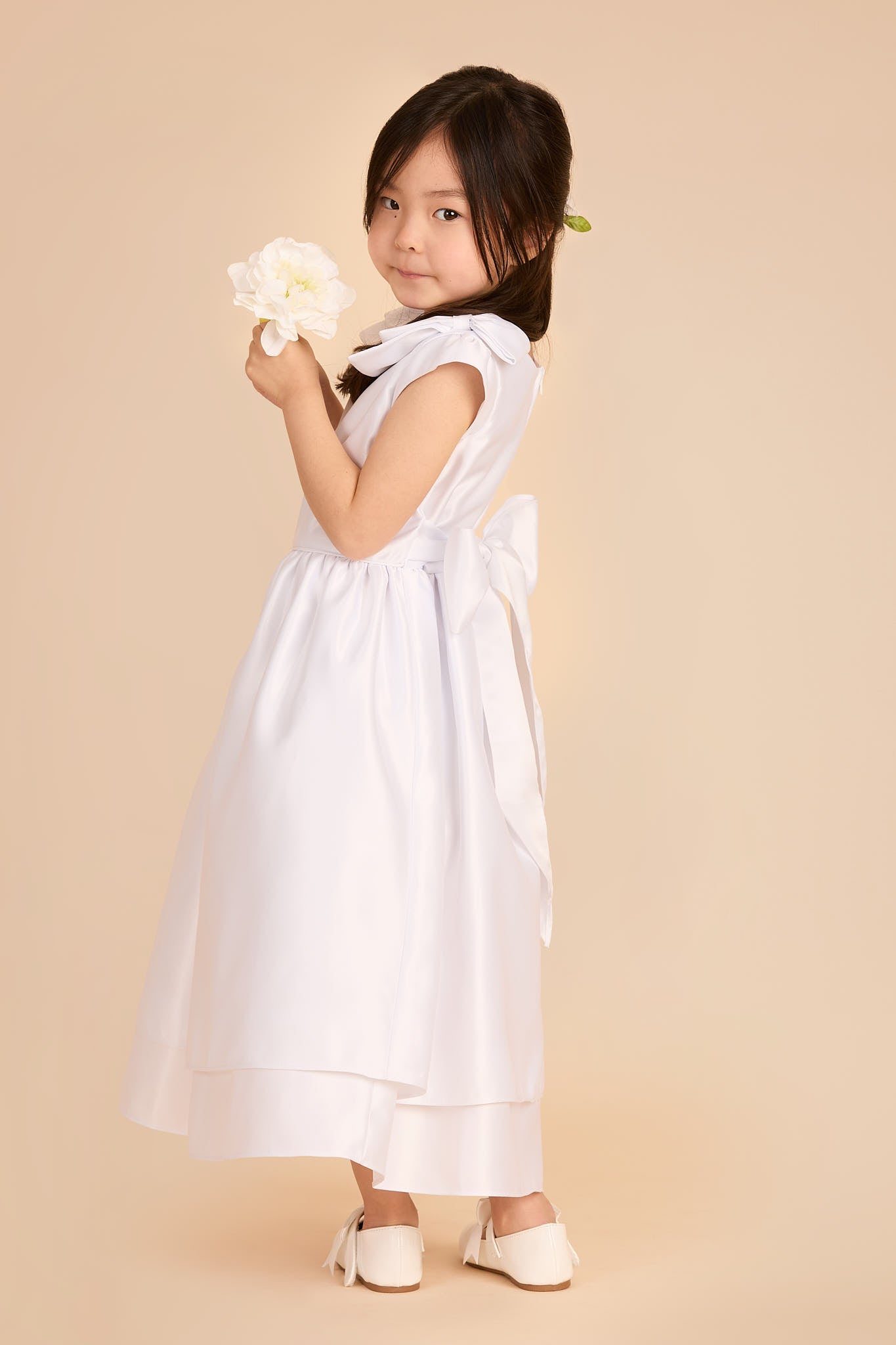 Tea-Length Flower Girl Dress with Satin Fabric & Shoulder Bows | White