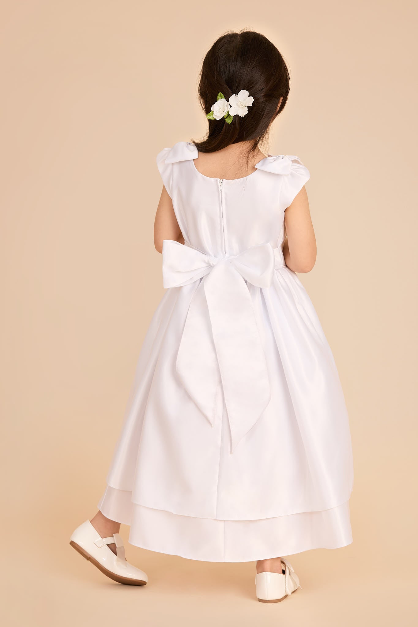 Tea-Length Flower Girl Dress with Satin Fabric & Shoulder Bows | White