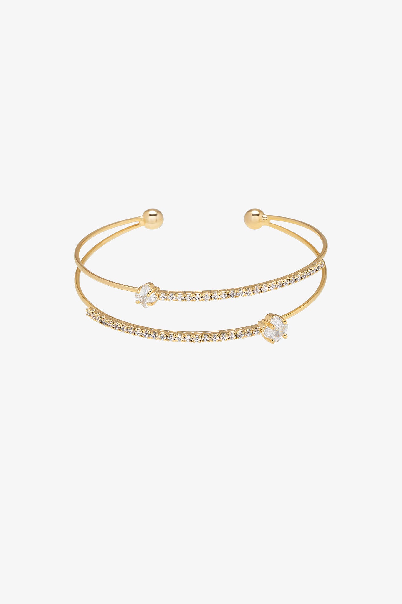 Gold Pave Double Cuff Bracelet with Gemstones & Floral Accents