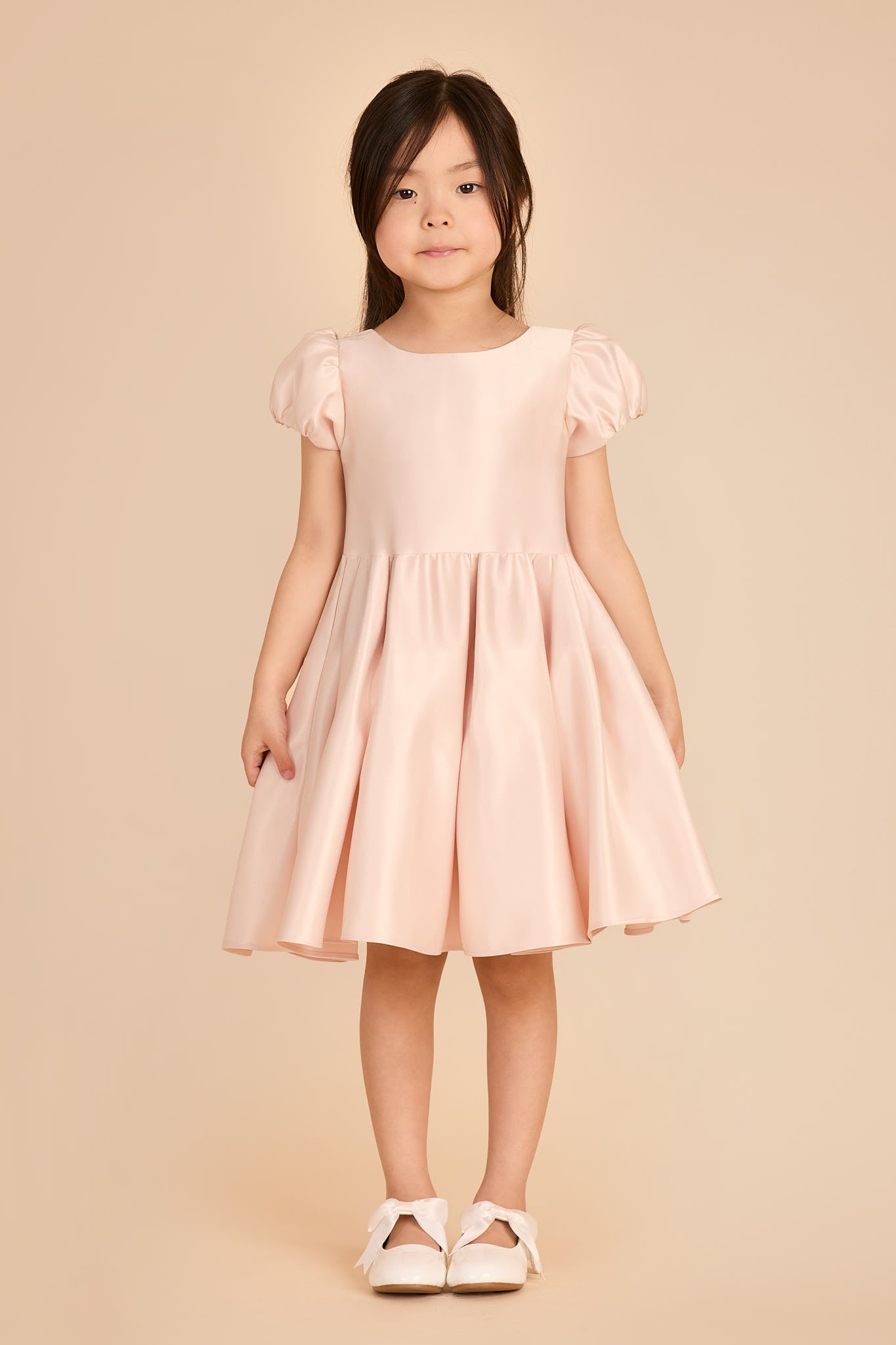 Girl's Satin Flower Girl Dress with Puff Sleeves | Light Blush