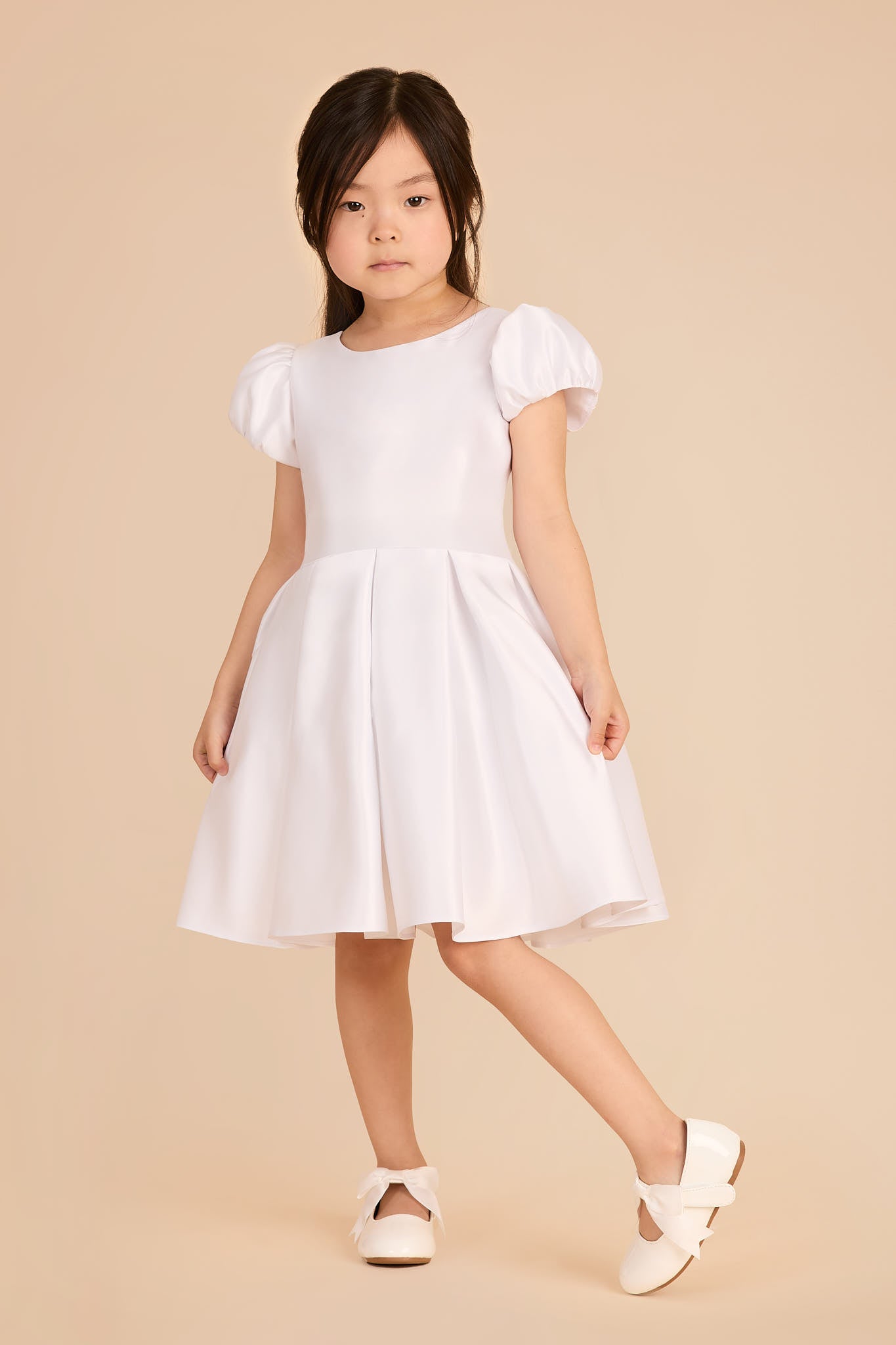 White Satin Flower Girl Dress with Puff Sleeves & Twirl Skirt | Peony