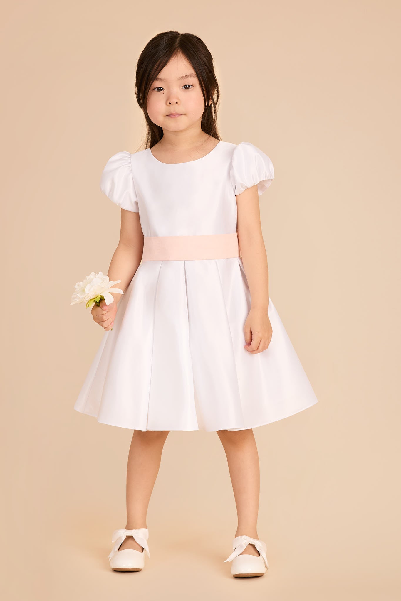 White Satin Flower Girl Dress with Puff Sleeves & Twirl Skirt | Peony
