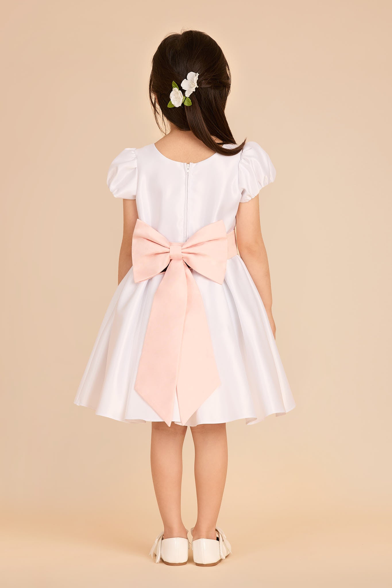 White Satin Flower Girl Dress with Puff Sleeves & Twirl Skirt | Peony
