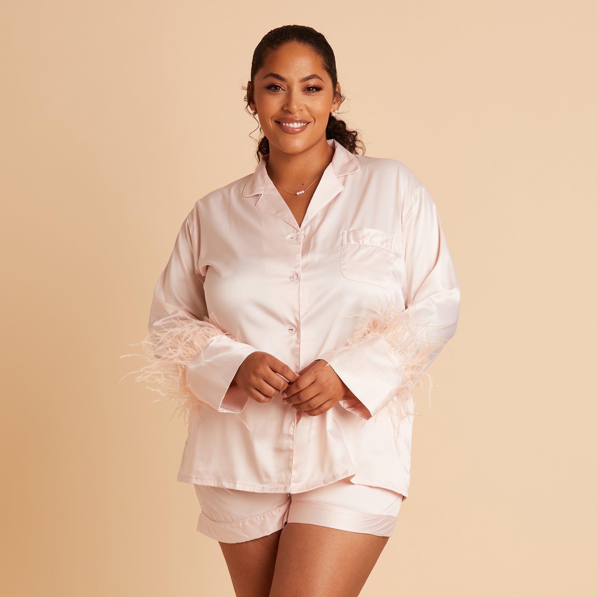 Short Satin Pajama Set with Feathers | Blush