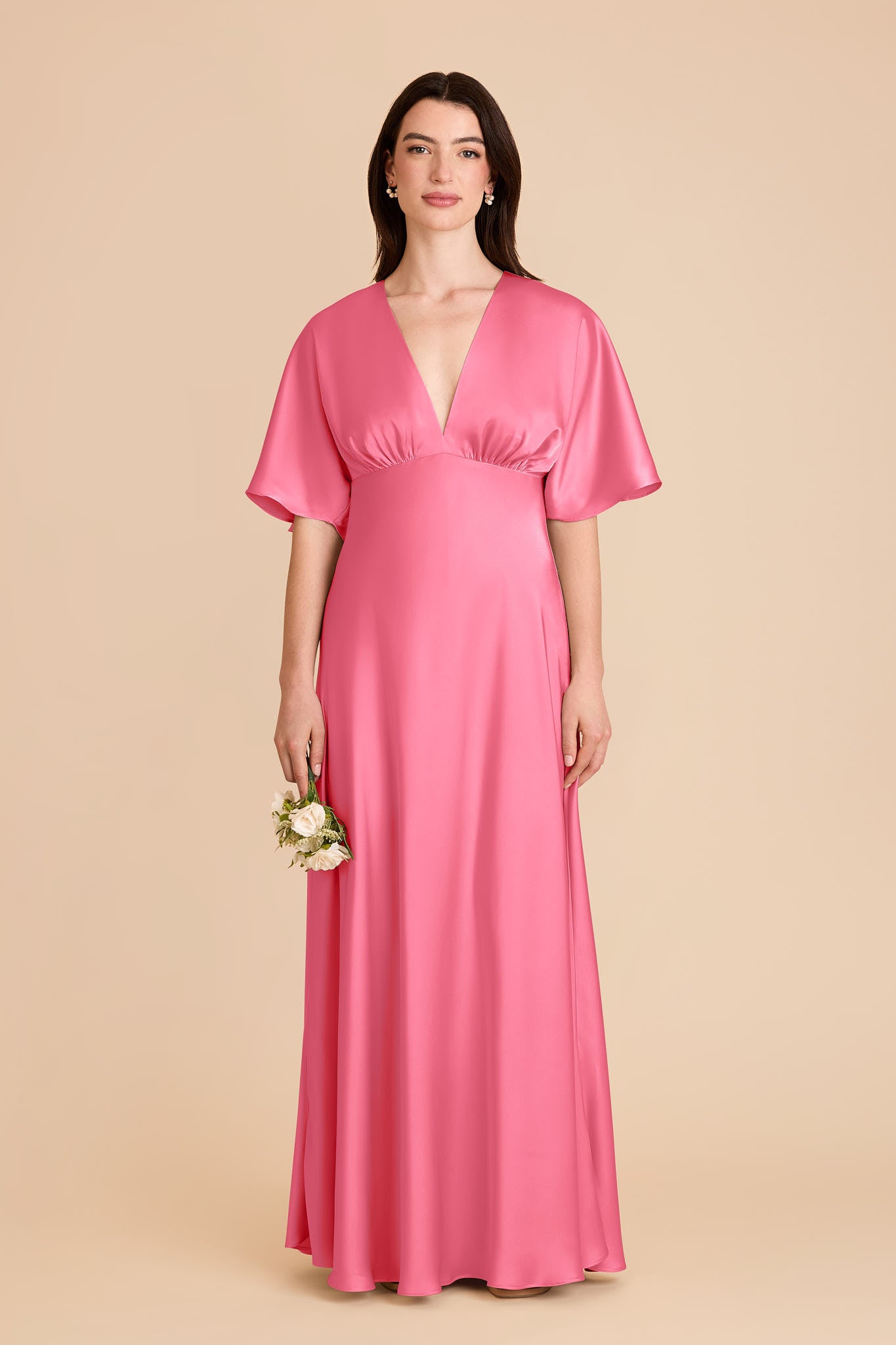 Elegant Satin Gown with V-Neck & Kimono Sleeves | Shyla