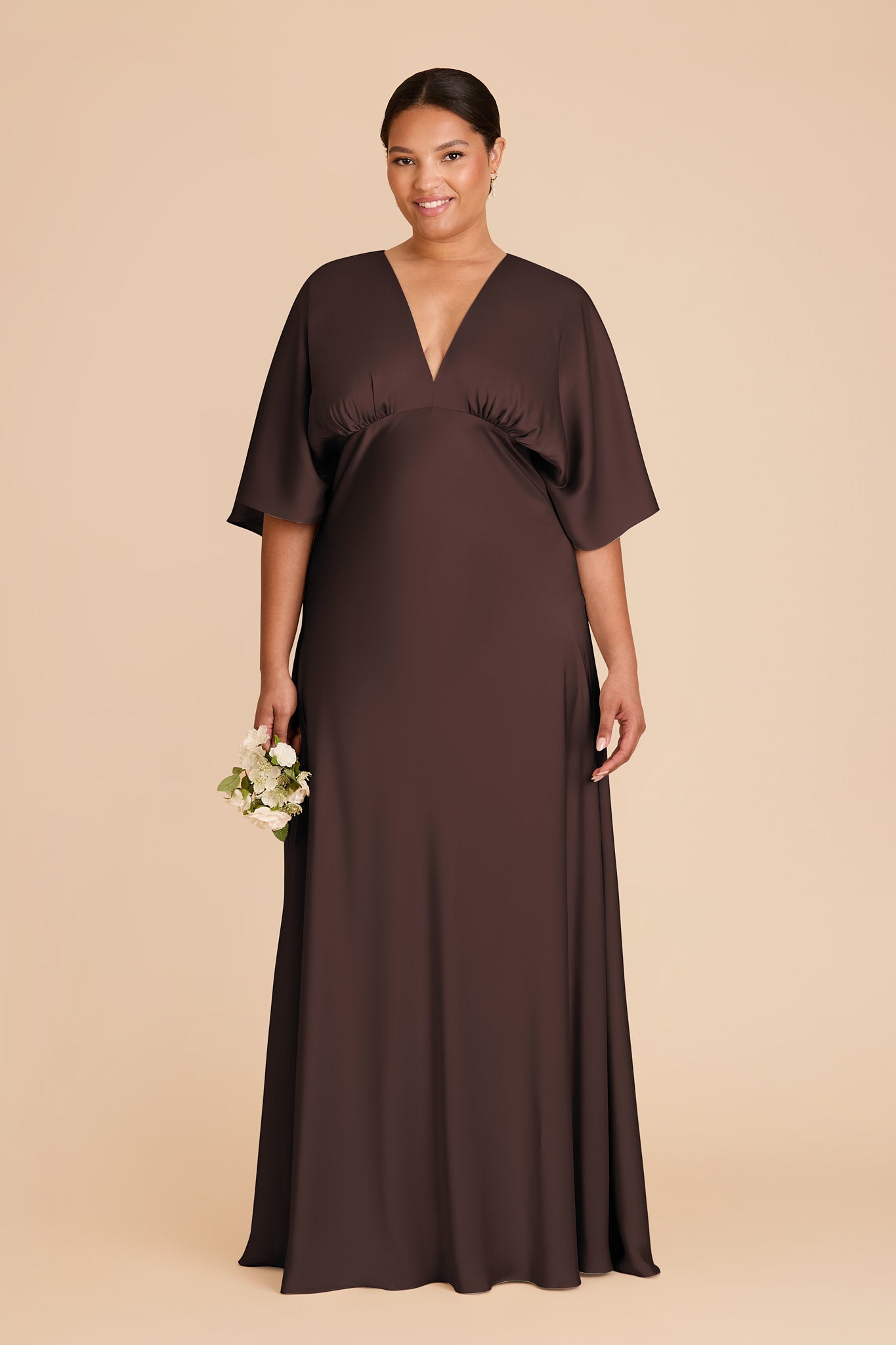 Matte Satin Floor-Length Dress with V-Neck & Kimono Sleeves | Shyla