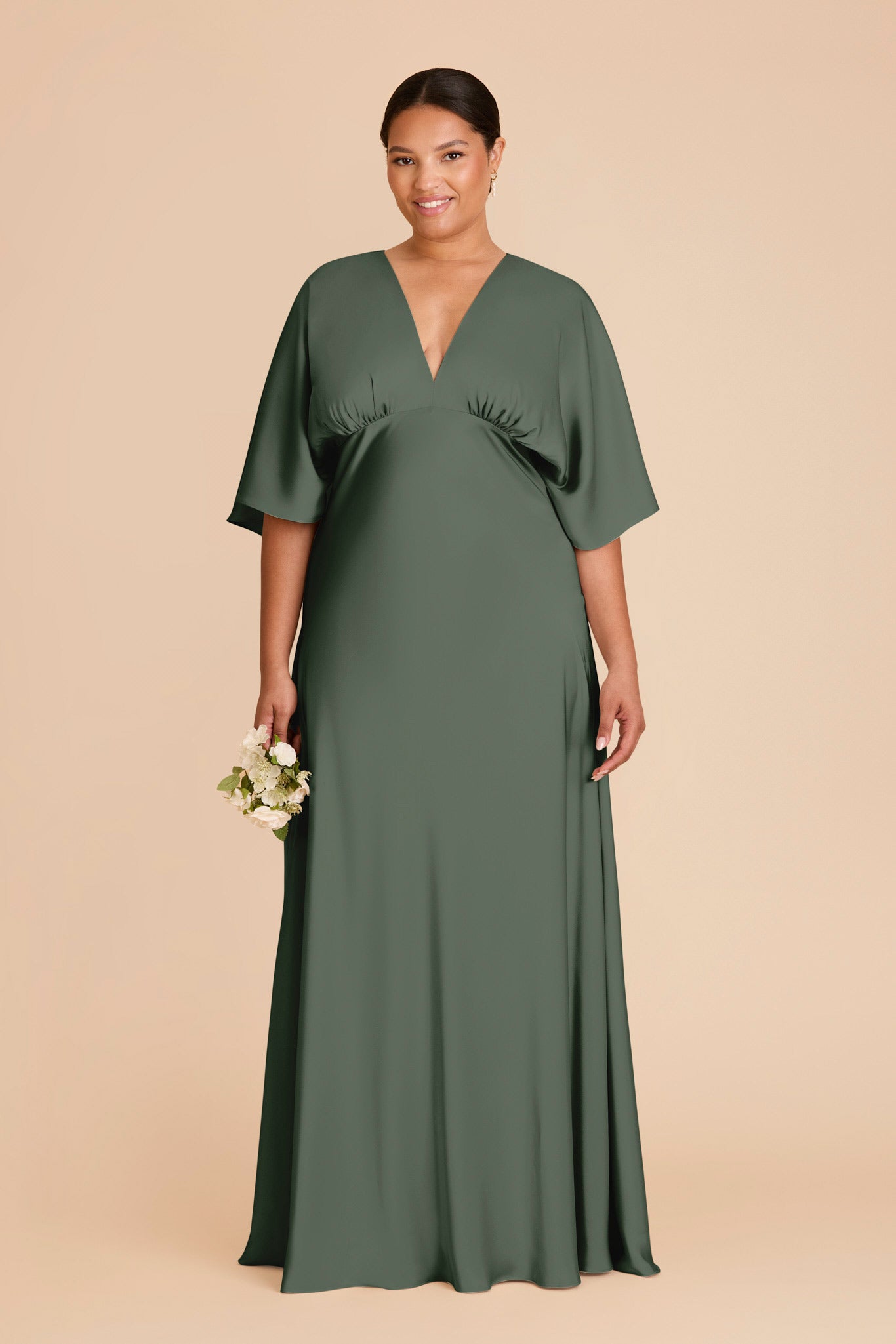 Matte Satin Floor-Length Dress with V-Neck & Kimono Sleeves | Shyla