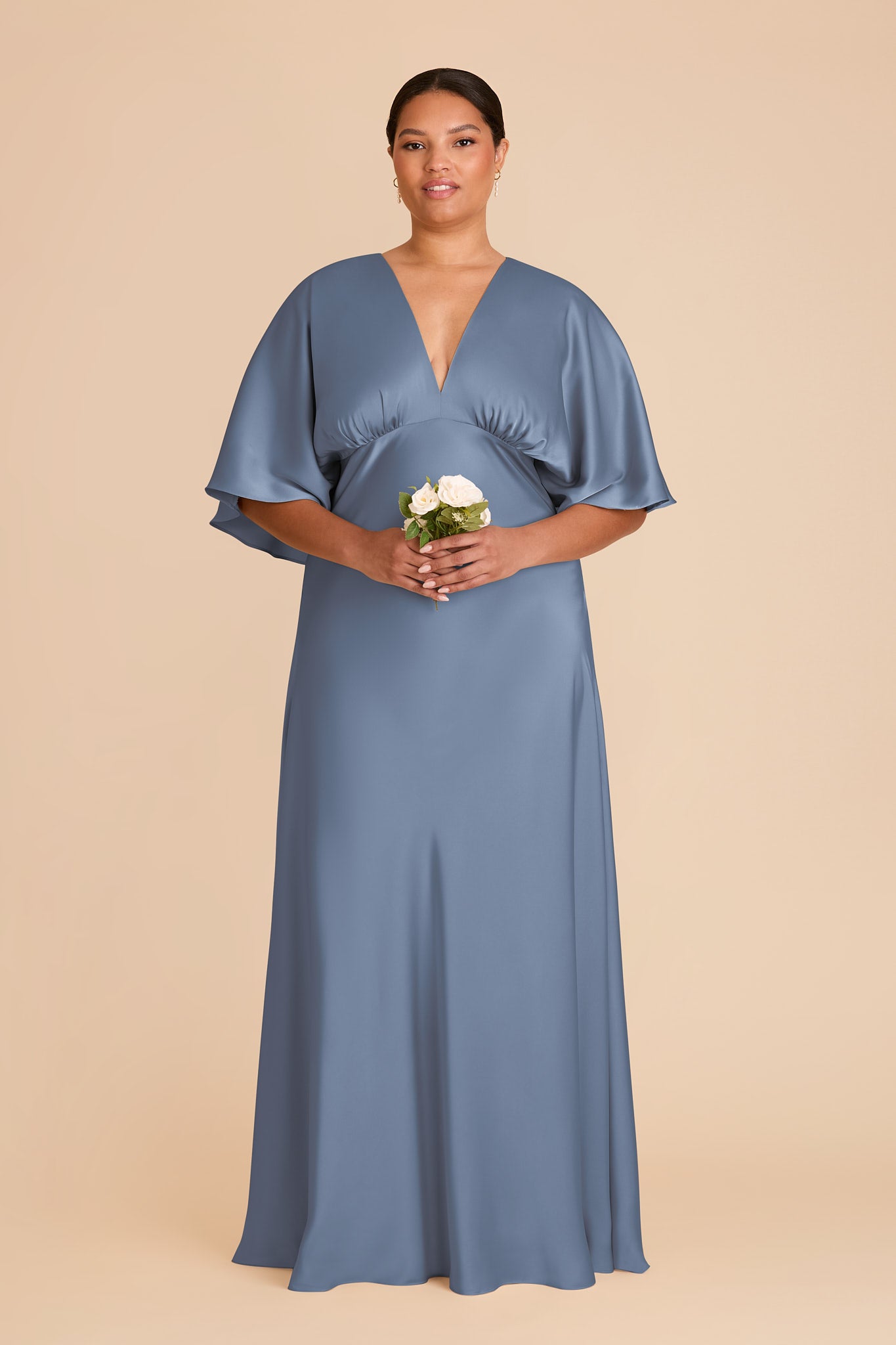 Matte Satin Floor-Length Dress with V-Neck & Kimono Sleeves | Shyla